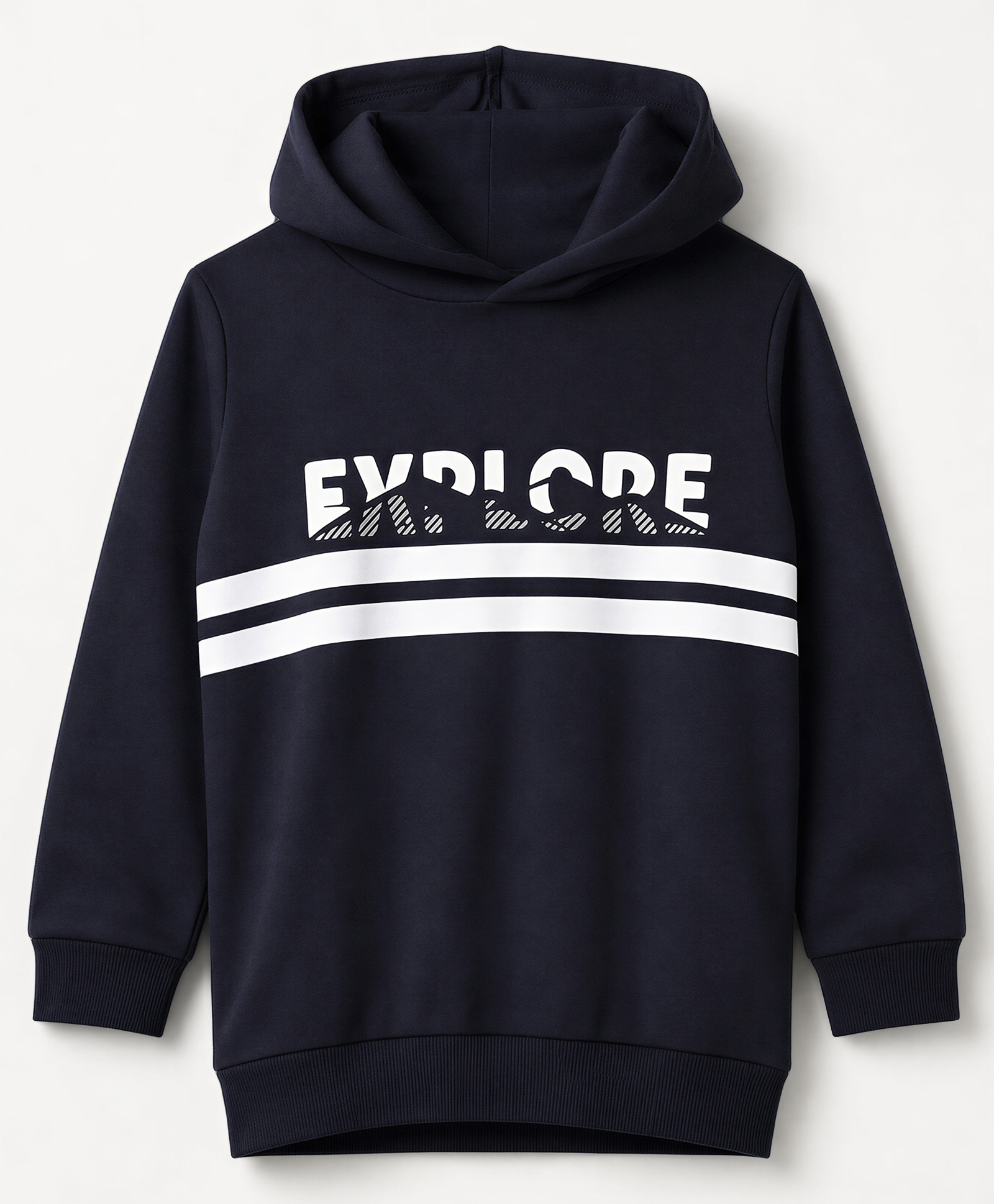 Bumzee Cotton Fleece Knit Hooded Pullover Sweatshirt with Full Sleeves and Text Print - Navy Blue-picture-12