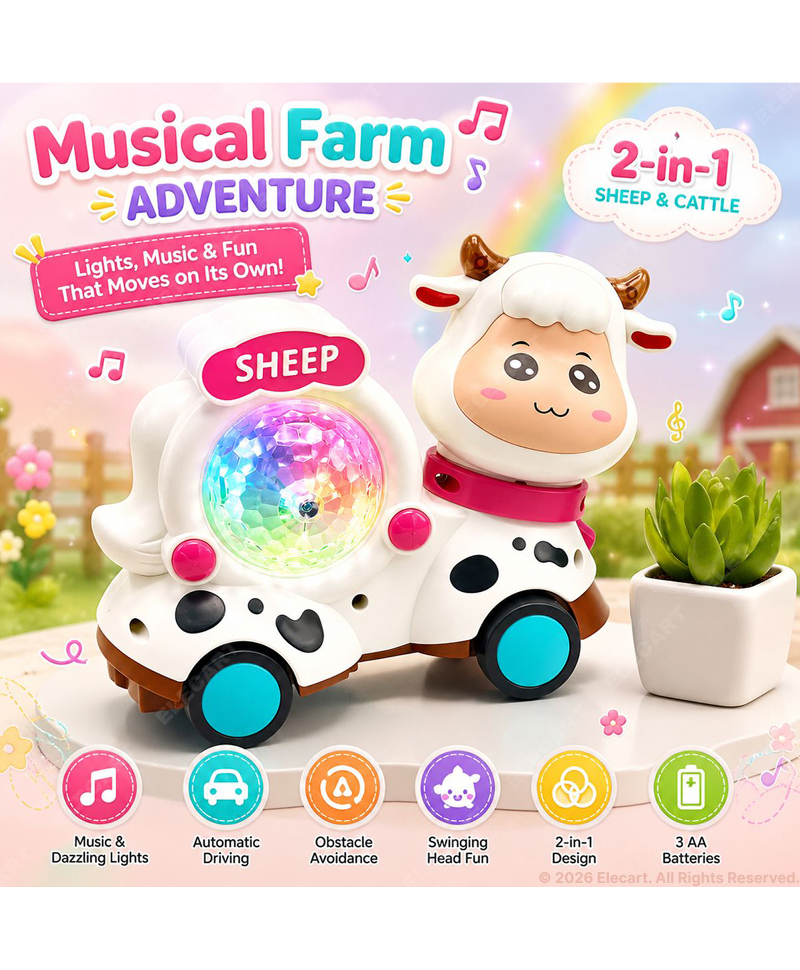 Elecart Double-Sided Cattle & Sheep Toddler Toy with 3D Lights & Music | Universal Walking Animal Toy with Obstacle Avoidance | Interactive Educational Toy for Kids, Boys & Girls-picture-32