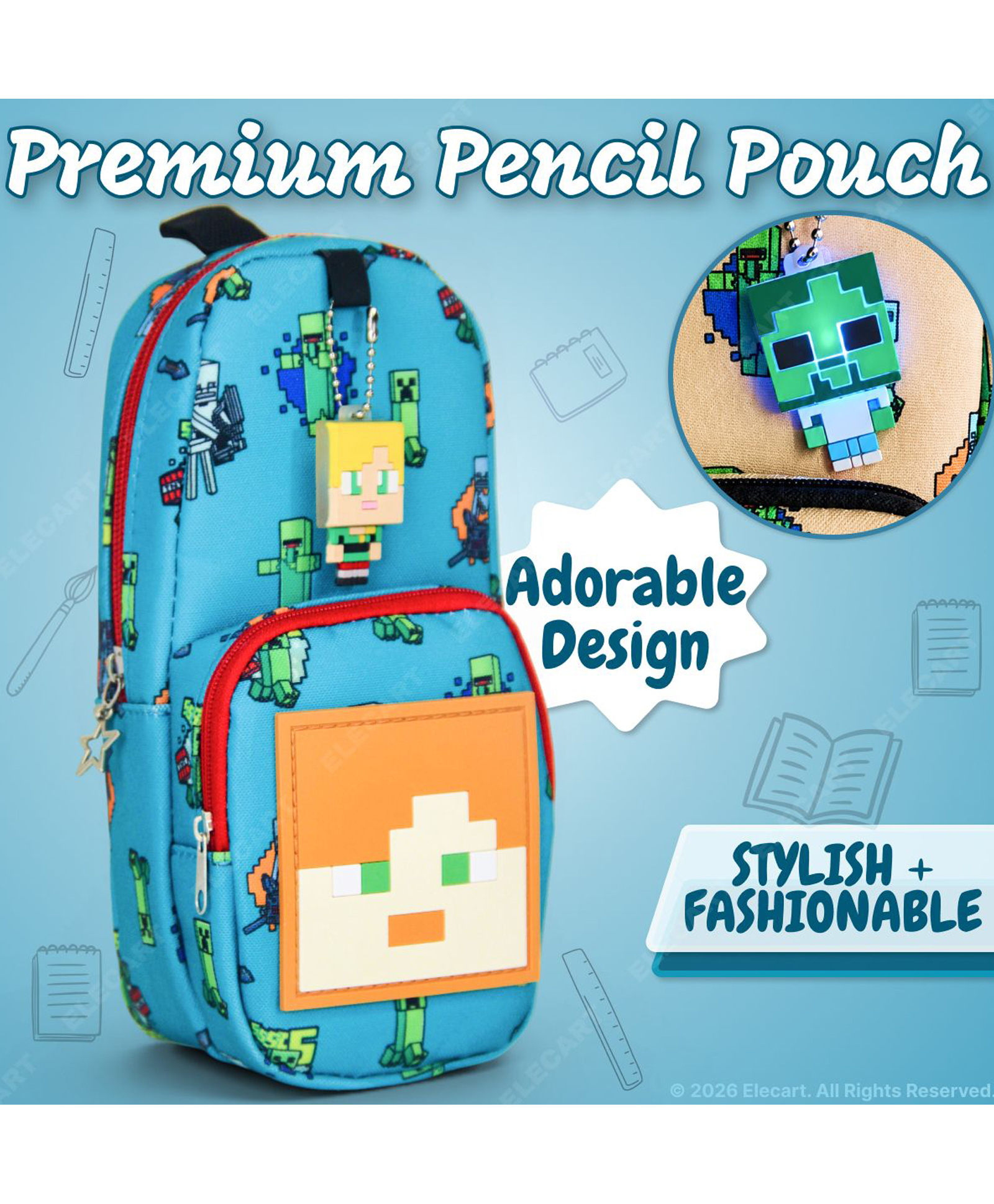 Elecart Large Capacity Bag Style Pencil Case Cute Minecraft Design, 3 Compartments, Waterproof Canvas Stationery Organizer for School, Office & Travel-image-4