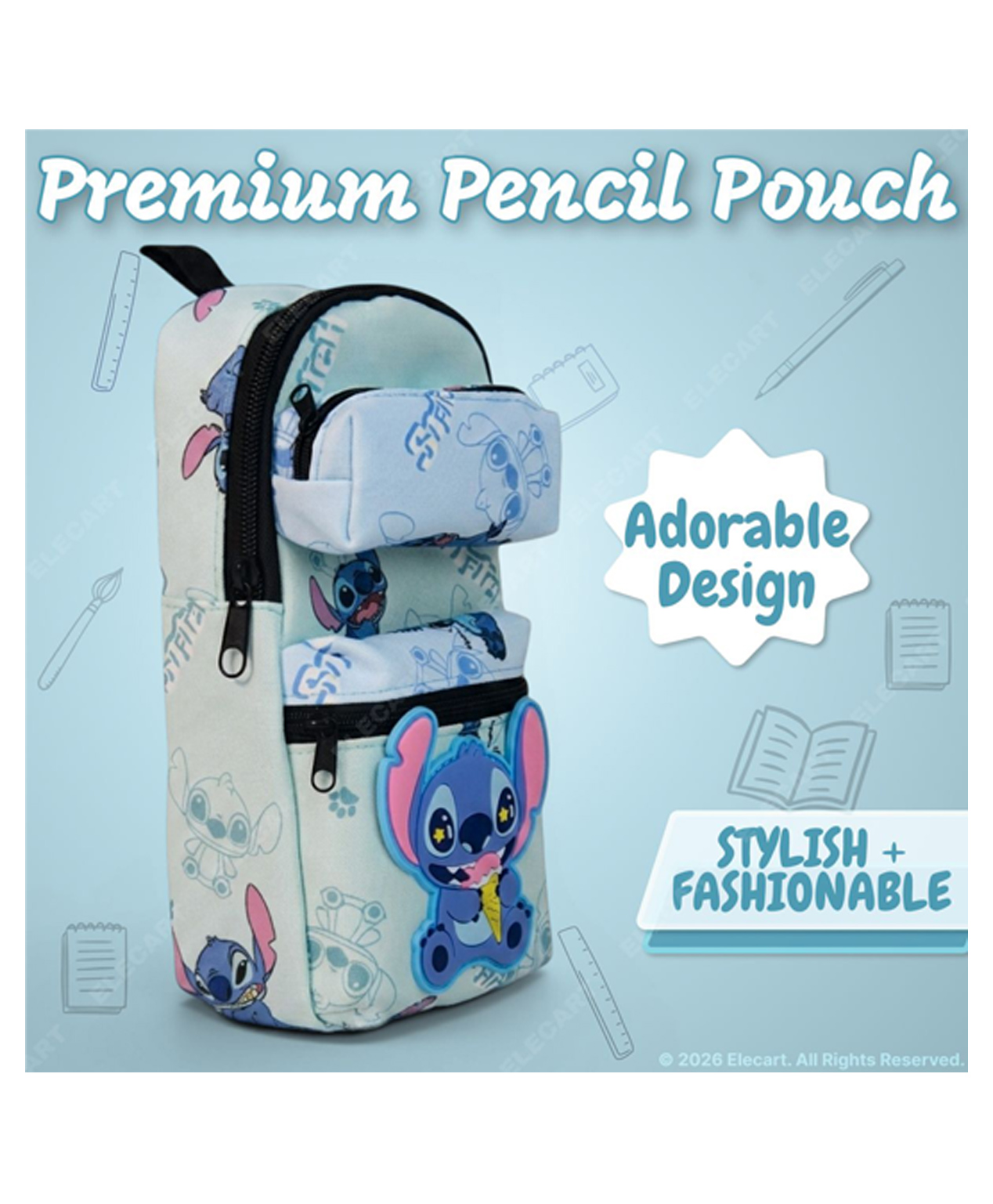 Elecart Large Capacity Bag Style Pencil Case Cute Stitch Design, 3 Compartments, Waterproof Canvas Stationery Organizer for School, Office & Travel (Pack 1 Random Colour)-image-44