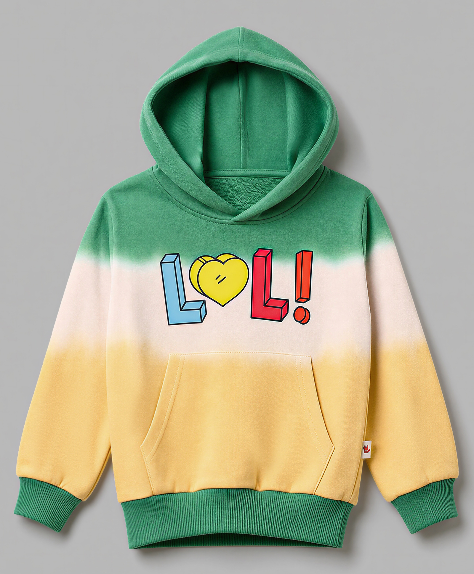 Bumzee Cotton Knit Pullover Hooded Sweatshirt with Full Sleeves and Lol Text Print - Green-picture-2