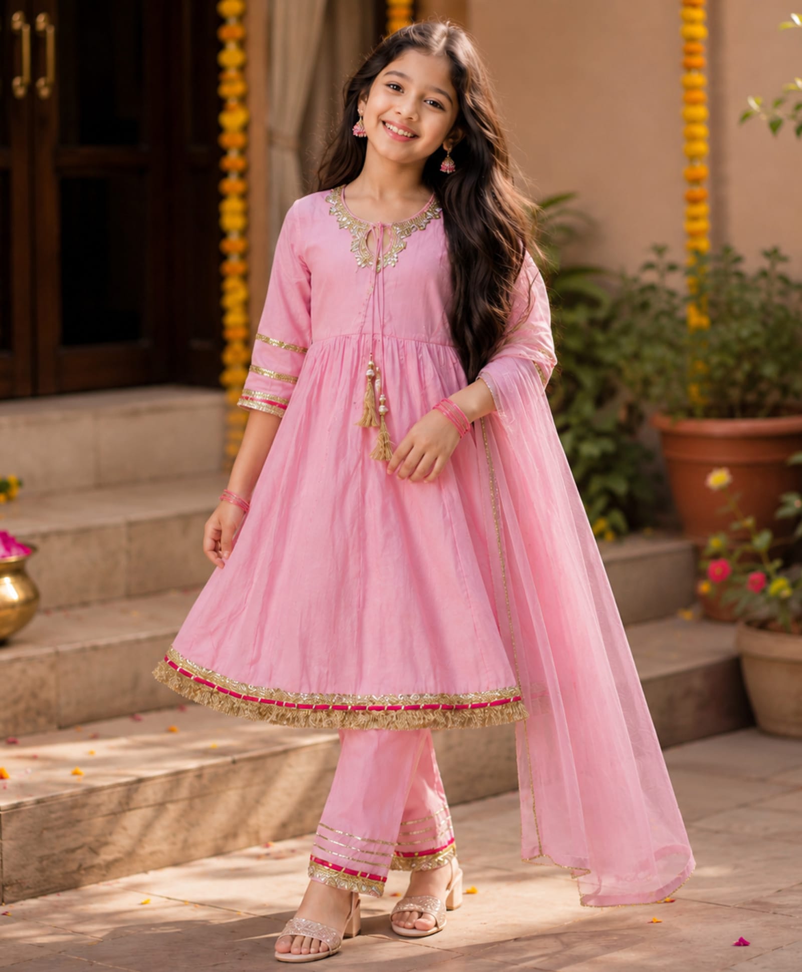 The Magic Wand Woven Three Fourth Sleeves Stone & Ethnic Motif Design Gota Lace Embellished Anarkali Kurti & Pant Set With Dupatta - Pink-picture-16