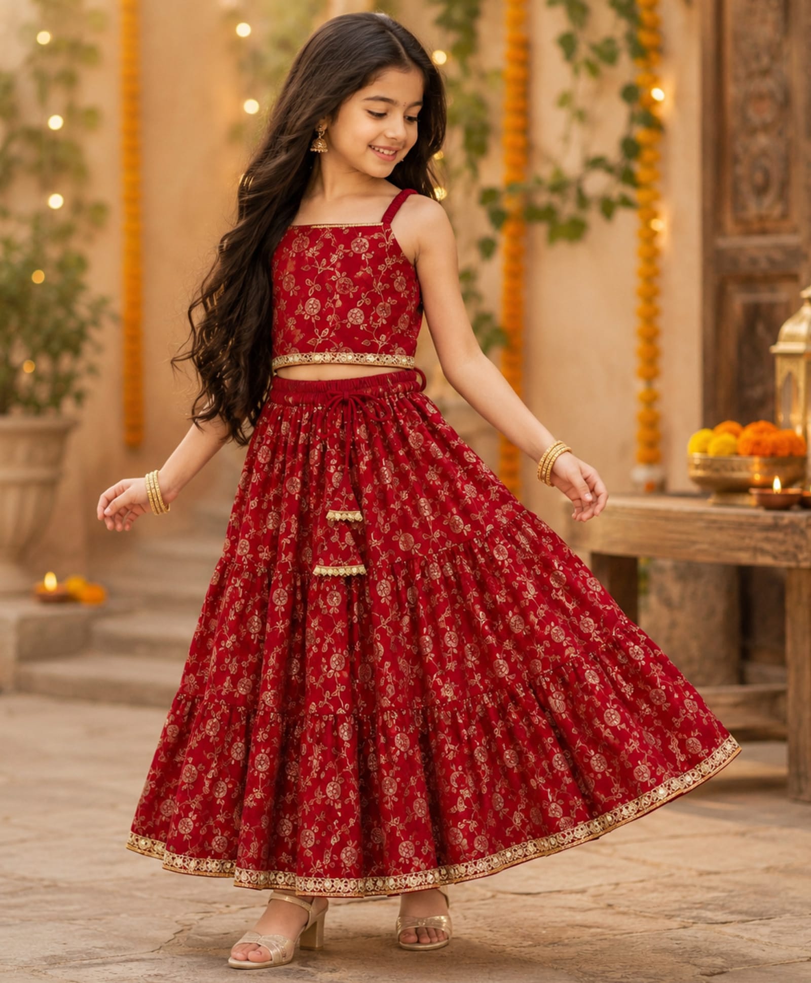 The Magic Wand Woven Sleeveless Gota Lace Embellished & Floral Foil Printed Coordinating Lehenga Choli Set - Red-image-38