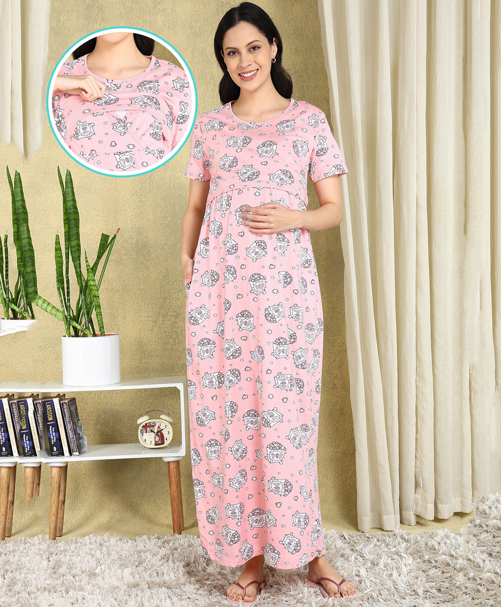 Moms Ever Knitted Half Sleeves Popcorn Printed Maternity Nighty With Overlap Nursing Access - Pink-picture-22