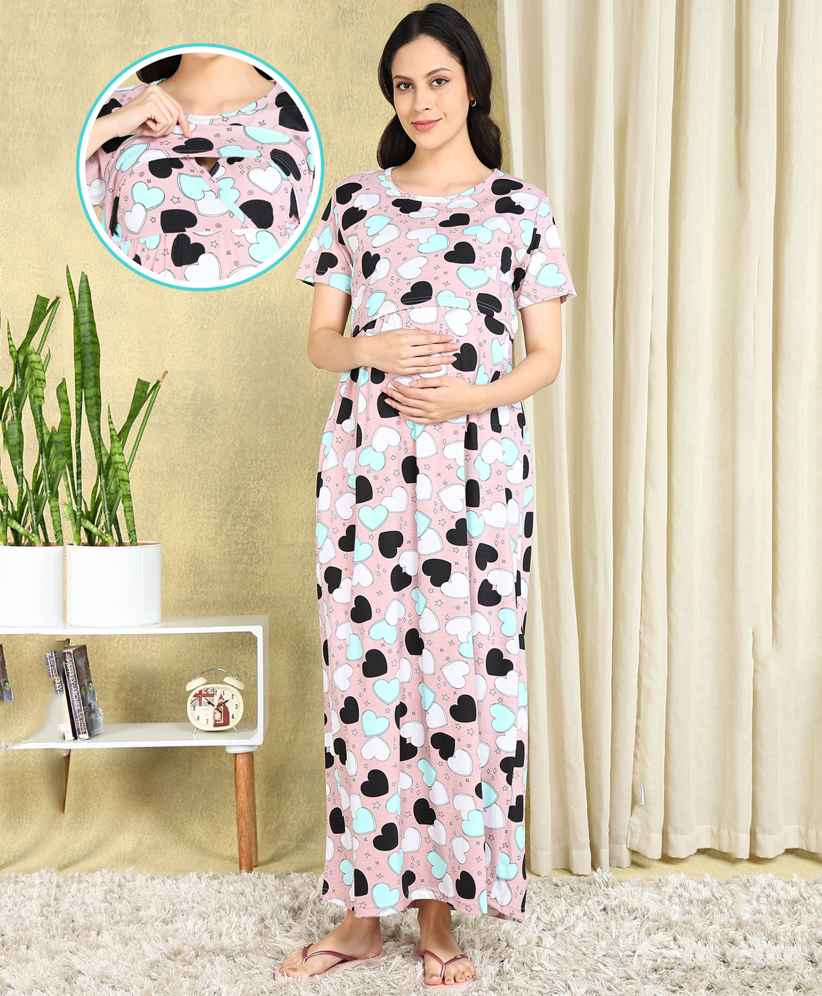 Moms Ever Knitted Knit Half Sleeves Hearts Printed Maternity Nighty With Overlap Nursing Access - Pink-picture-25