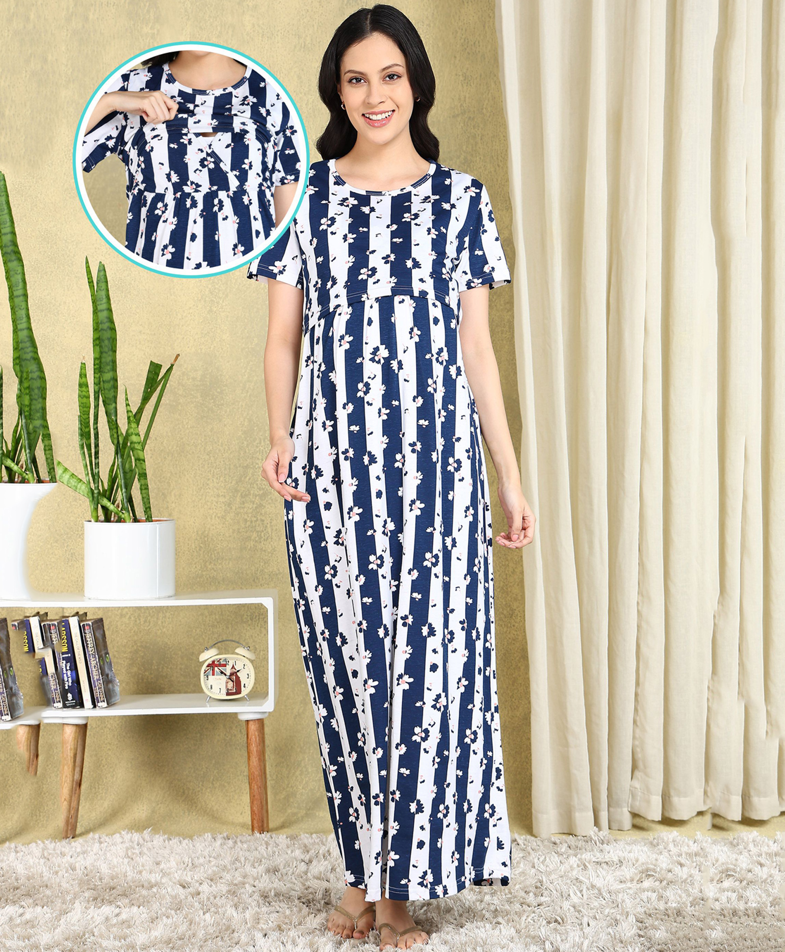 Moms Ever Knitted Half Sleeves Floral Printed Striped Maternity Nighty With Overlap Nursing Access - Blue-image-32