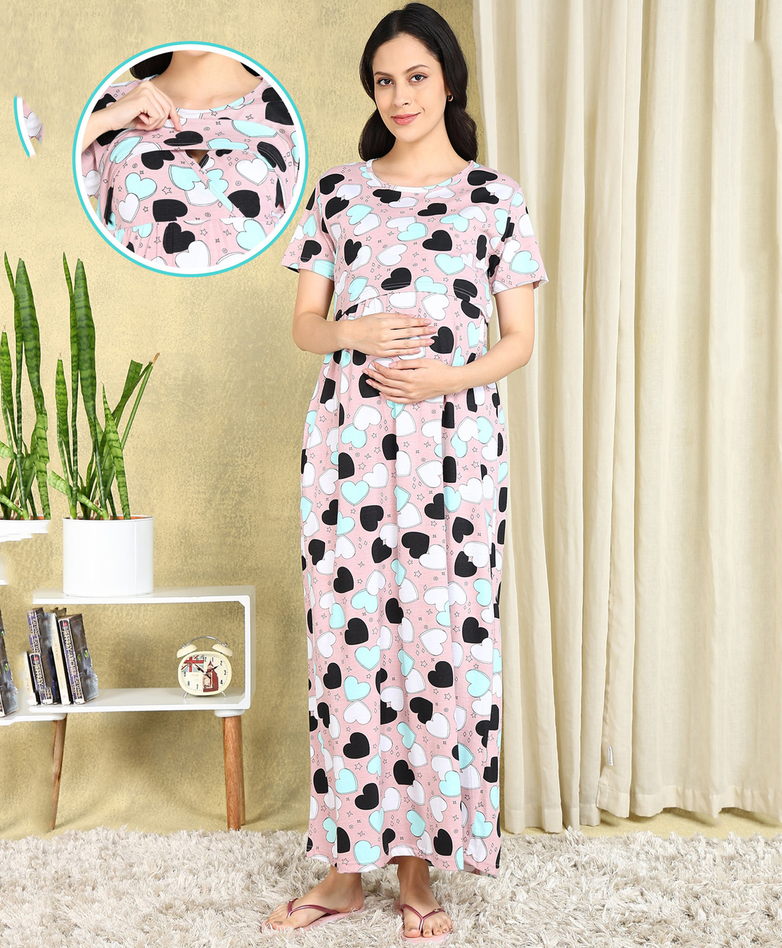 Moms Ever Knitted Half Sleeves Hearts Printed Maternity Nighty With Overlap Nursing Access - Pink-image-29
