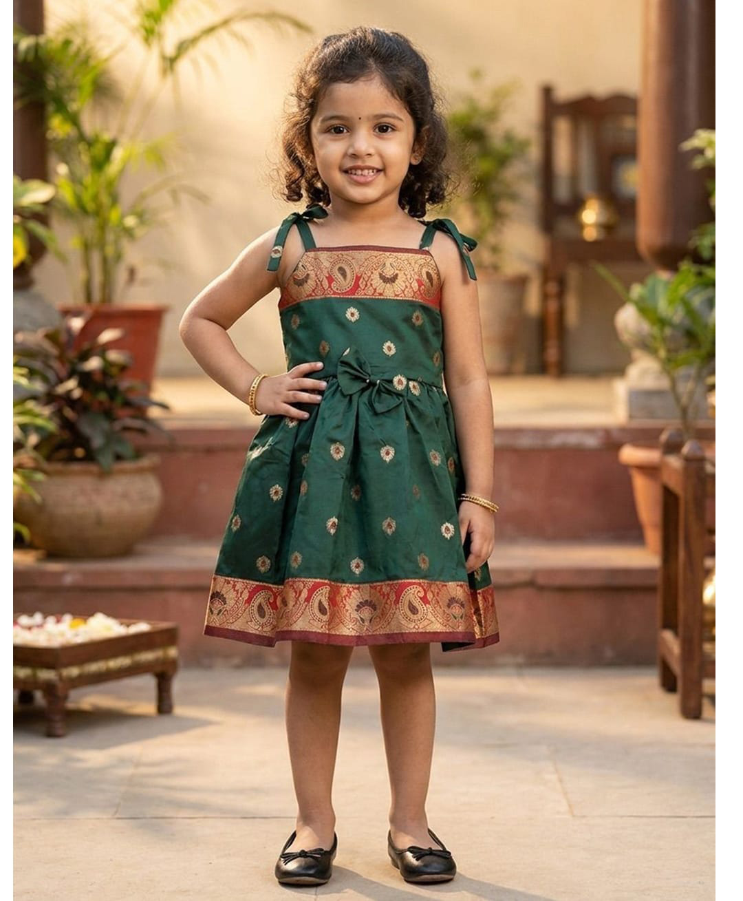 Ridokidz Cotton Silk Woven Sleeveless Pattu Pavadai Dress With Floral Print & Bow Applique - Green-picture-16