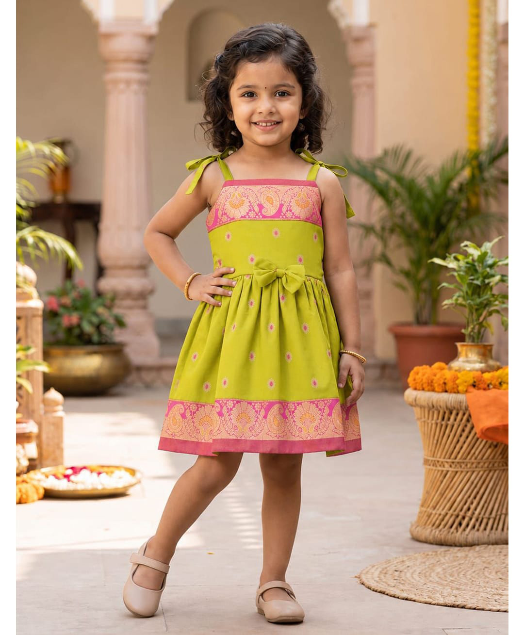 Ridokidz Cotton Silk Woven Sleeveless Pattu Pavadai Dress With Floral Print & Bow Applique - Lemon-picture-24