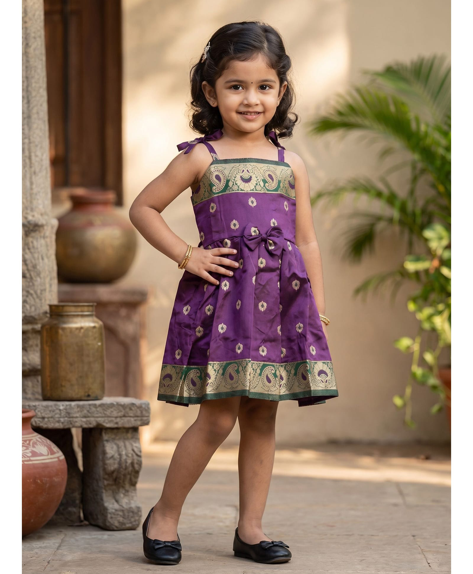 Ridokidz Cotton Silk Woven Sleeveless Pattu Pavadai Dress With Floral Print & Bow Applique - Wine & Purple-picture-30