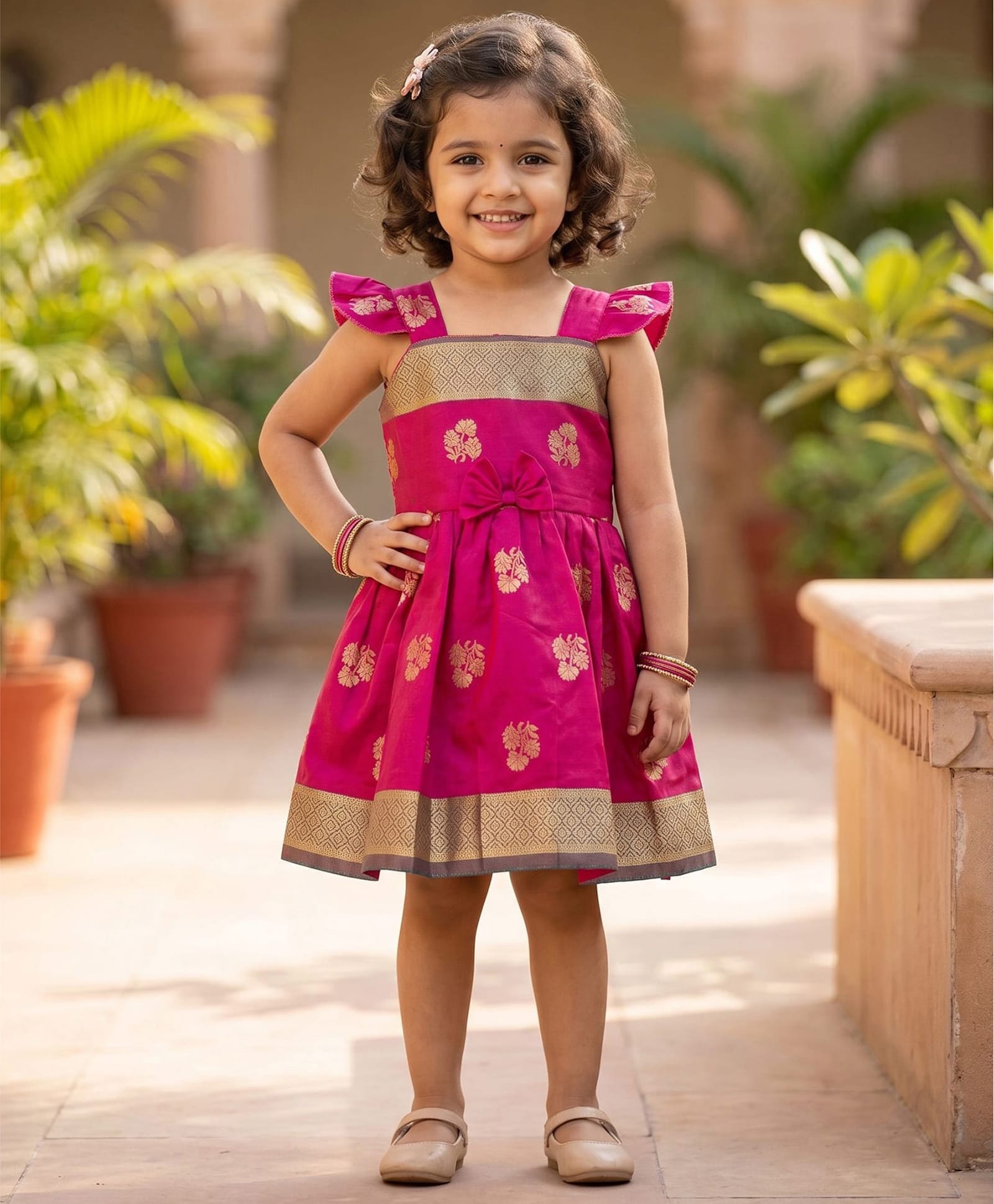Ridokidz Cotton Silk Woven Sleeveless Pattu Pavadai Dress With Floral Print & Bow Applique - Dark Pink-picture-40