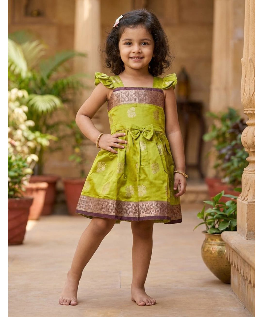 Ridokidz Sleeveless Pattu Pavadai Dress - Olive Lime - 16 - Cotton Silk - (12 to 18 Month)-picture-8