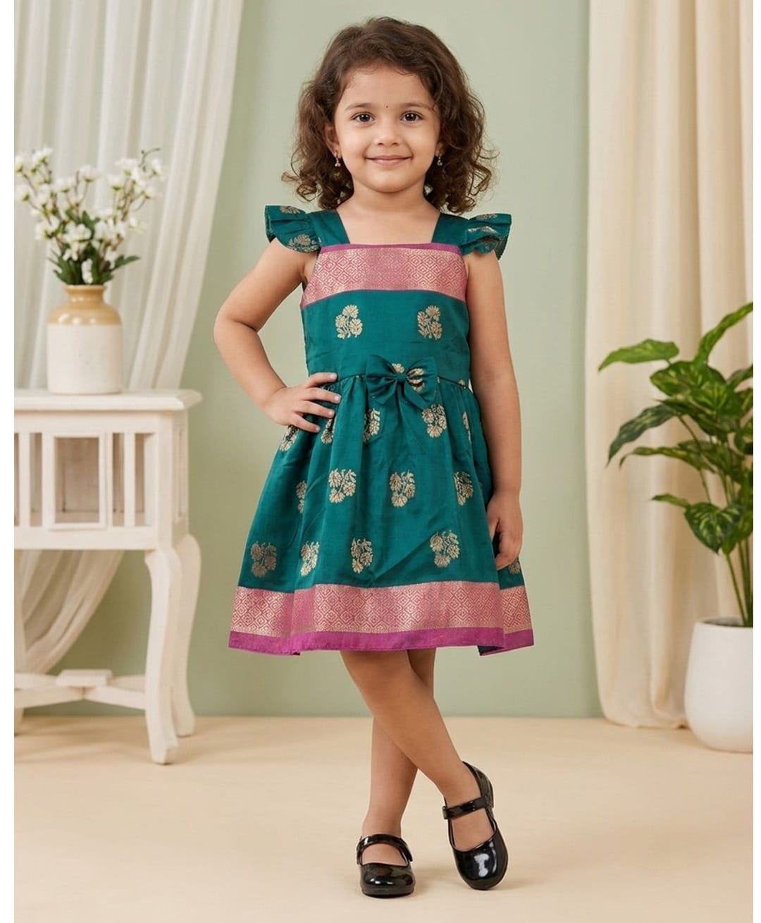 Ridokidz Cotton Silk Woven Sleeveless Pattu Pavadai Dress With Floral Print & Bow Applique - Green-picture-5
