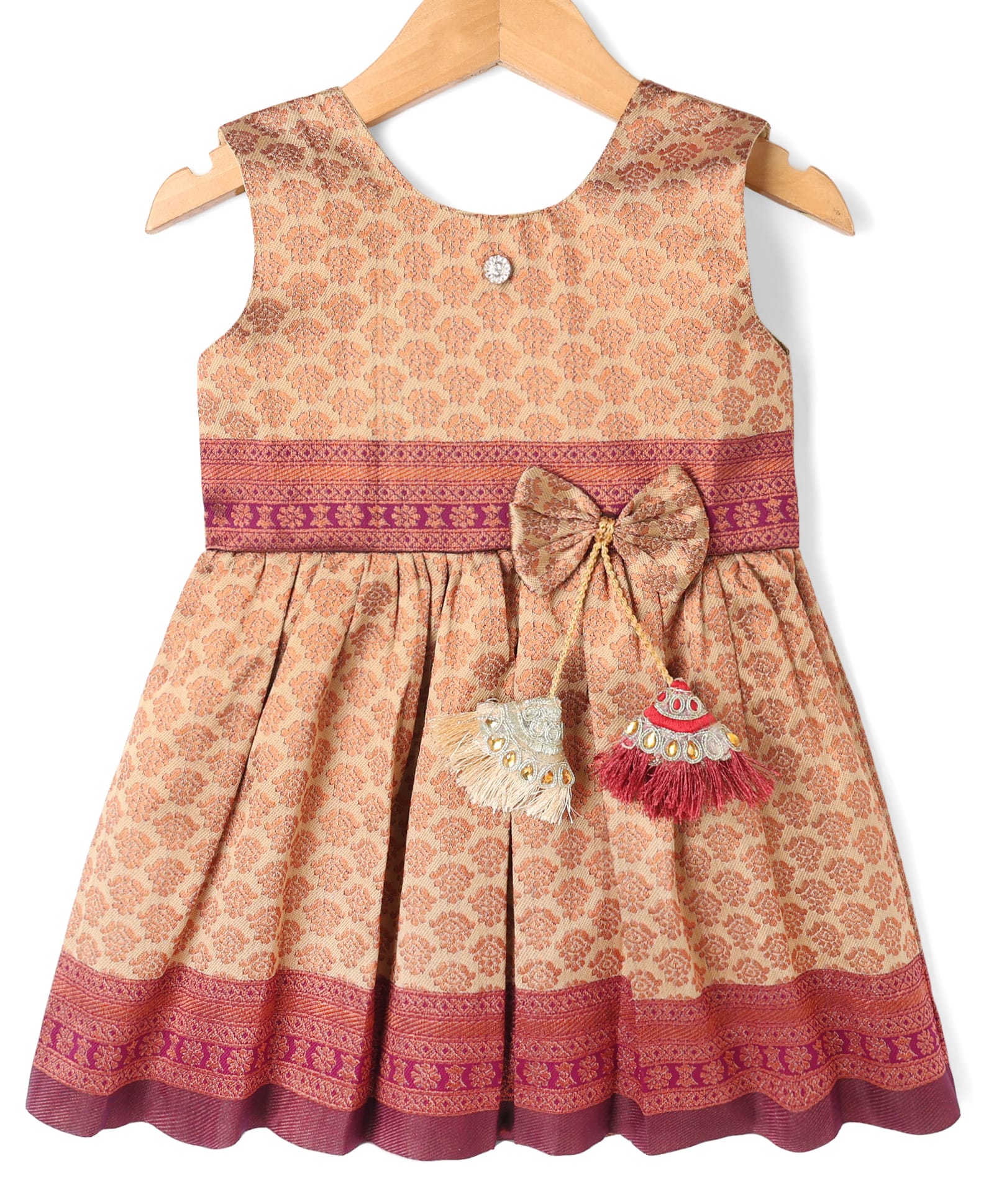 Ridokidz Cotton Silk Woven Sleeveless Pattu Pavadai Dress with Bow & Tassel Detailing - Beige-picture-48