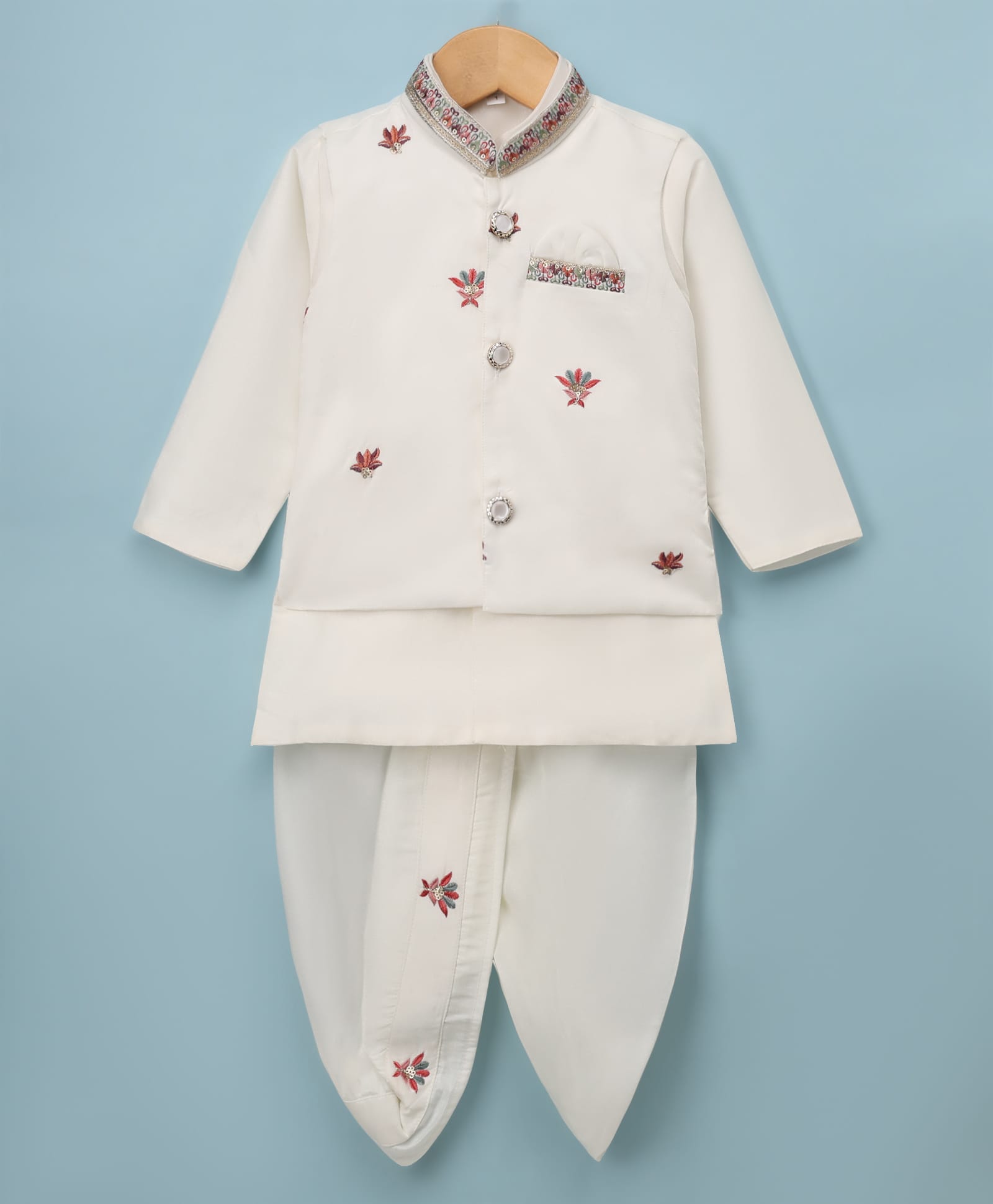 Ridokidz Cotton Woven Full Sleeve Floral Embroidered Kurta Dhoti Set With Jacket - White-picture-48