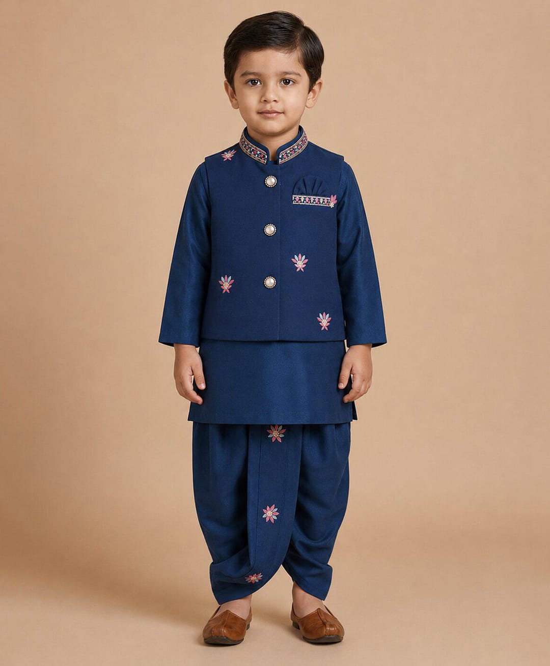 Ridokidz Cotton Woven Full Sleeve Floral Embroidered Kurta Dhoti Set With Jacket - Navy Blue-image-35