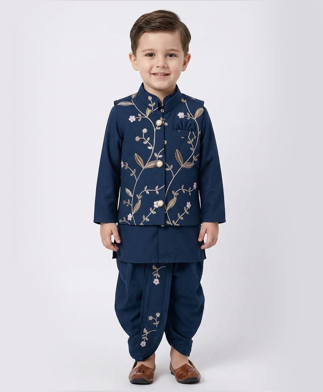 Ridokidz Cotton Woven Full Sleeve Floral Embroidered Kurta Dhoti Set With Jacket - Teal Blue-picture-49