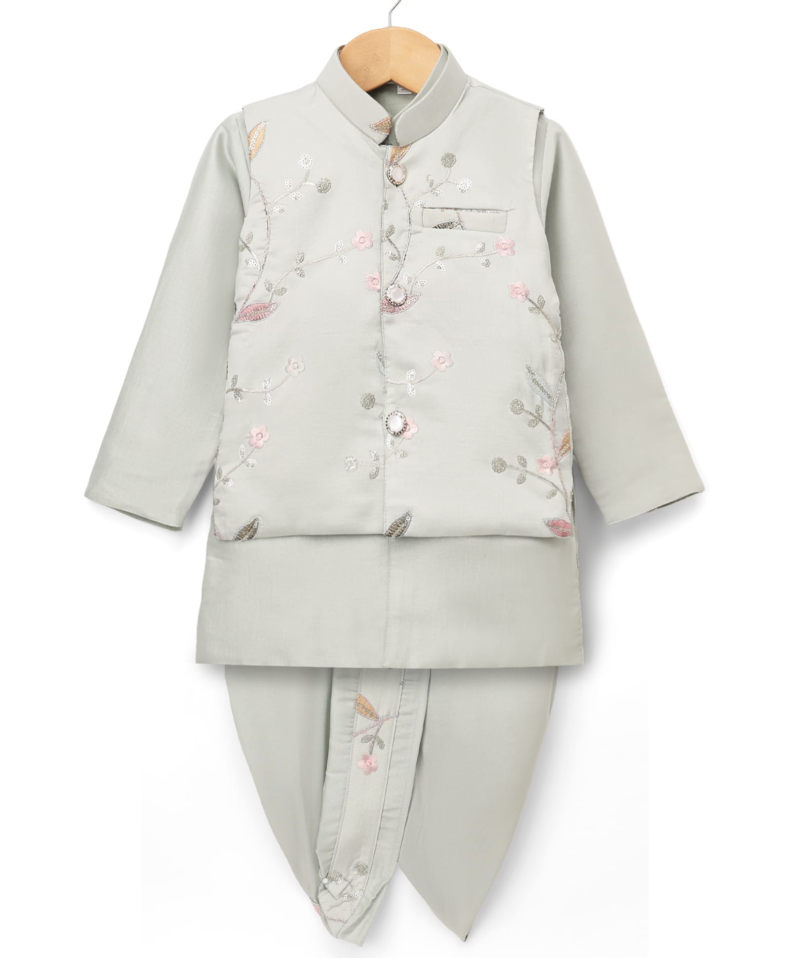 Ridokidz Cotton Woven Full Sleeve Floral Embroidered Kurta Dhoti Set With Jacket - Light Grey-picture-10