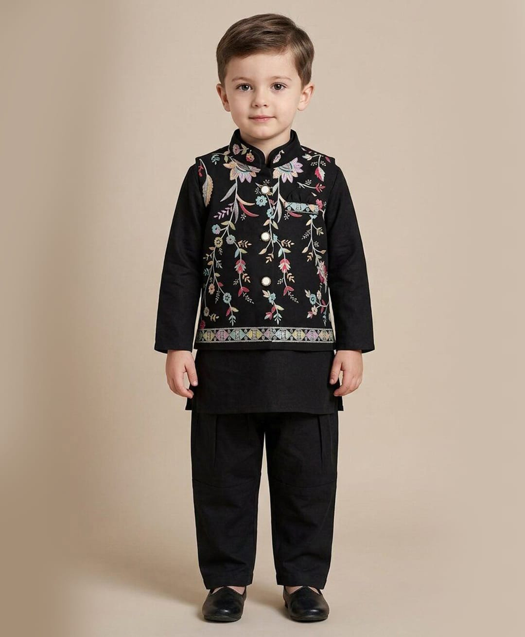 Ridokidz Cotton Woven Full Sleeve Kurta Pyjama Set With Floral Embroidered Jacket - Black-picture-29
