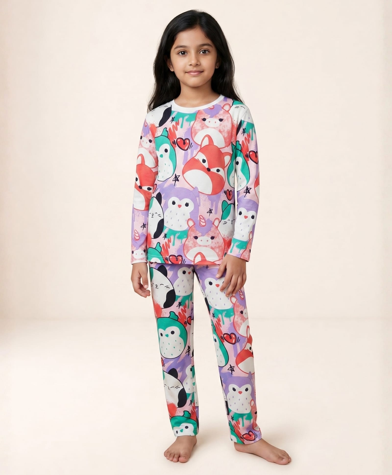 Anthrilo 100% Cotton Knit Full Sleeves Animals Printed Coordinating Tee & Pajama Night Suit - White-image-12