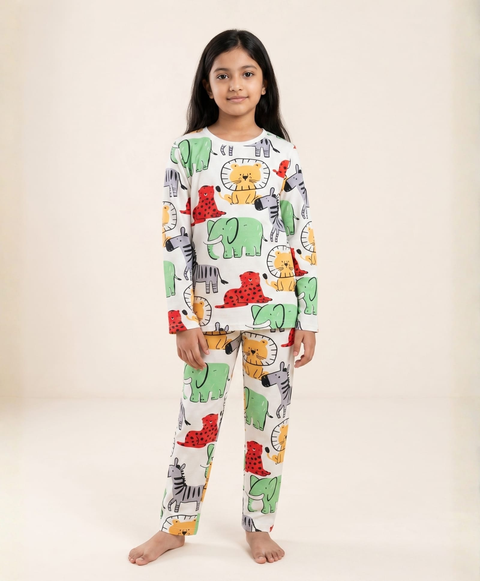 Anthrilo 100% Cotton Knit Full Sleeves Animals Printed Coordinating Tee & Pajama Night Suit - White-picture-7