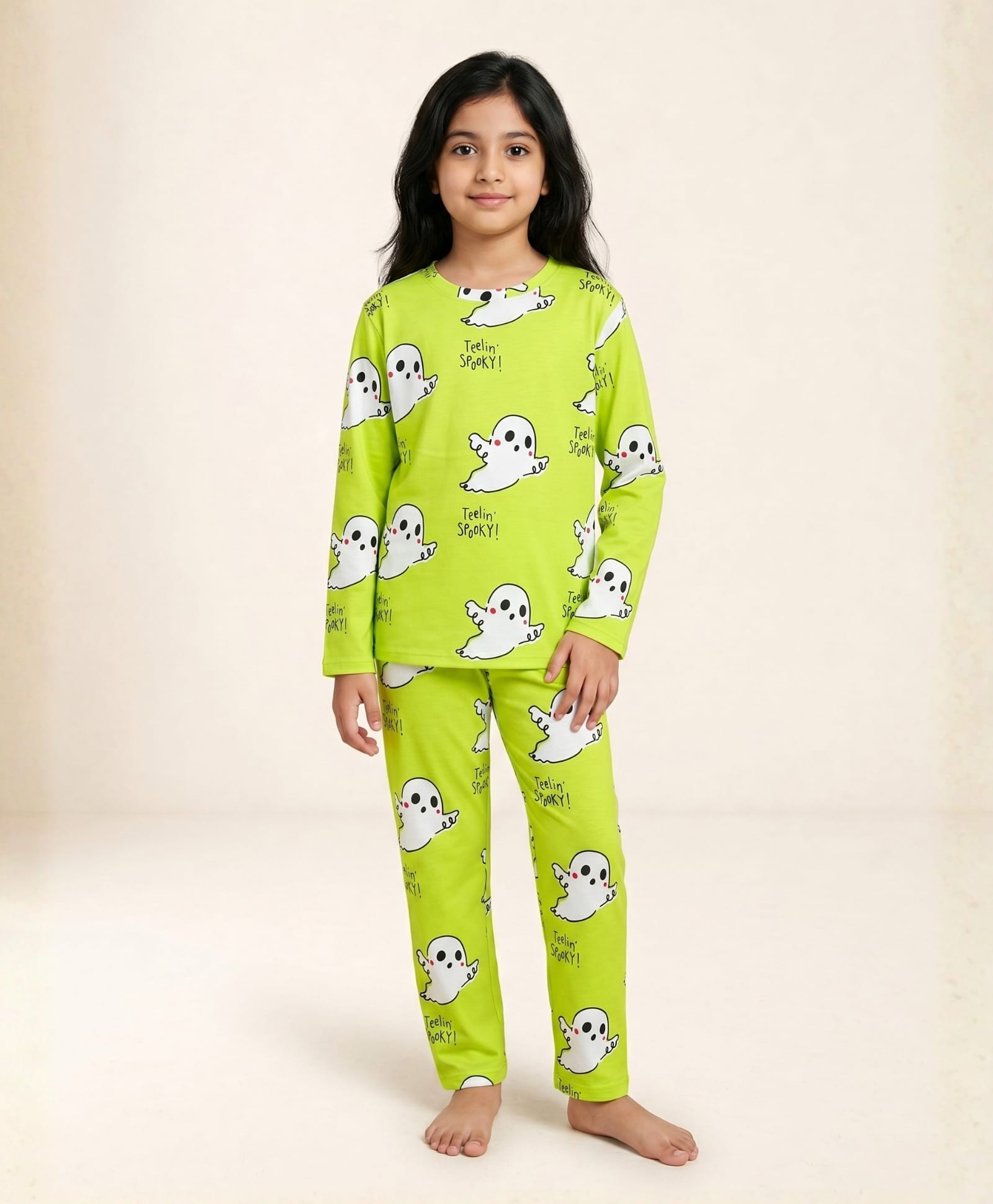 Anthrilo 100% Cotton Knit Full Sleeves Poltergeist Printed Coordinating Tee & Pajama Night Suit - Lime Green-picture-6