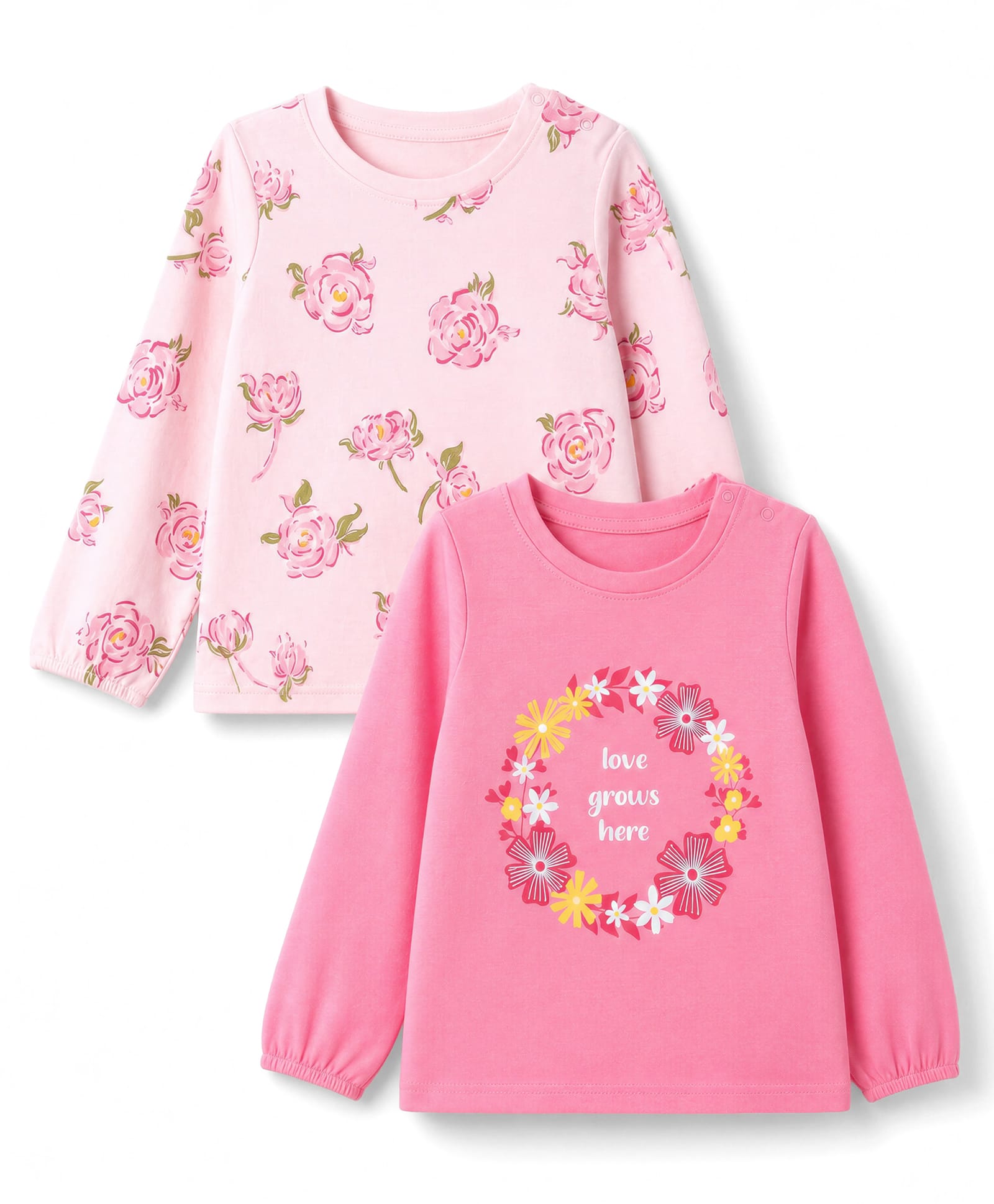 Doodle Poodle 100% Cotton Single Jersey Knit Full Sleeves Tops with Floral & Text Print Pack of 2 - Dark Pink & Light Pink-picture-17