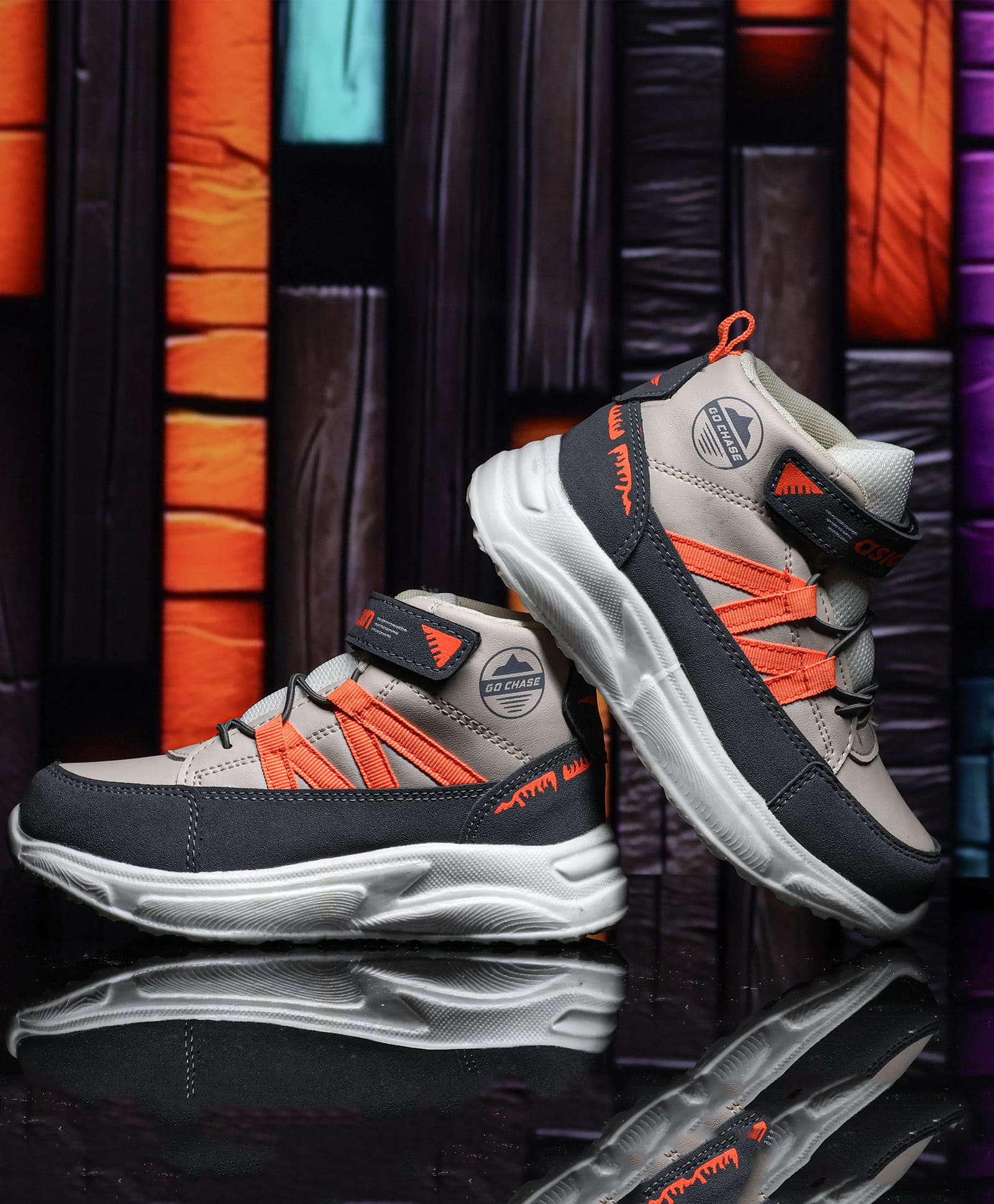 asian Colour Blocked Velcro Closure Shoes - Cream Dark Grey & Orange-picture-12