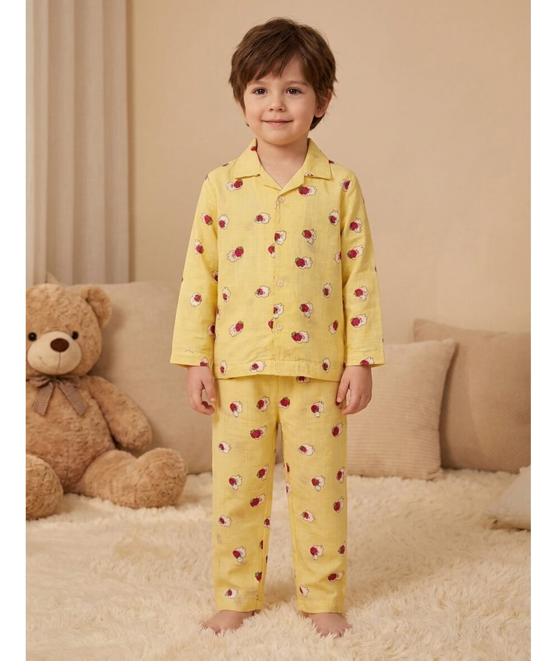 Rikidoos Cotton Woven Full Sleeves Checks Co-Ords Shirt & Pyjama Night Suit with Bunny & Strawberry Print - Yellow-picture-18
