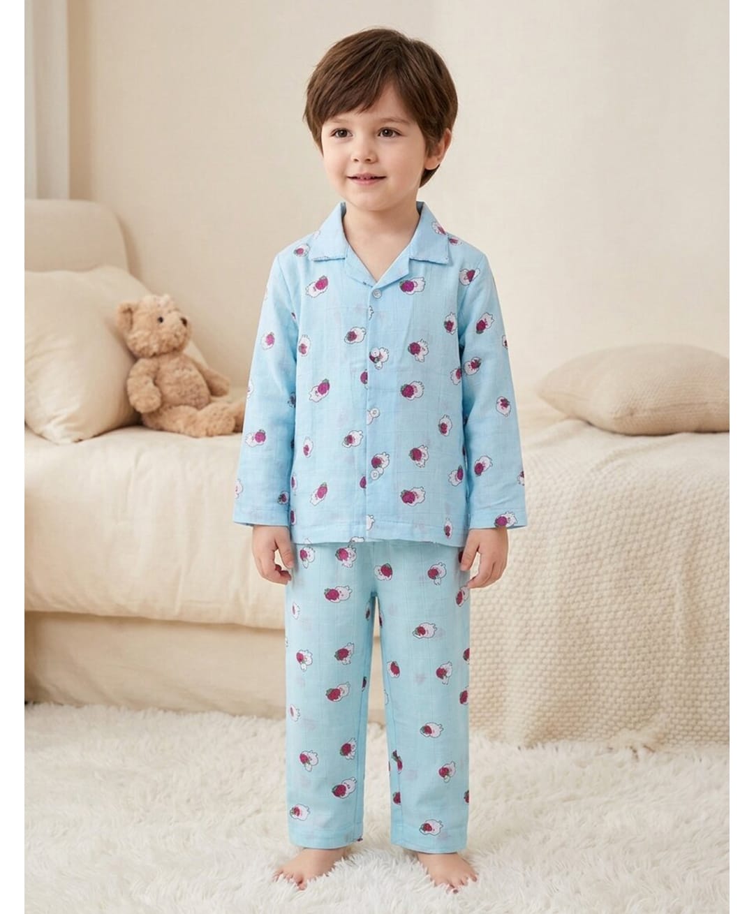 Rikidoos Cotton Woven Full Sleeves Co-Ords Shirt & Pyjama Night Suit with Bunny & Strawberry Print - Sky Blue-picture-19