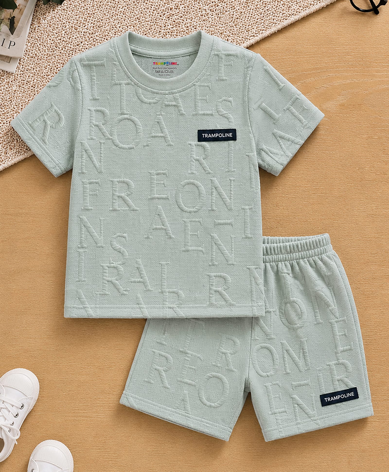 Trampoline Boys Jacquard Knit Half Sleeves Alphabets Embossed Coordinating Tee & Shorts Set - Green-picture-18