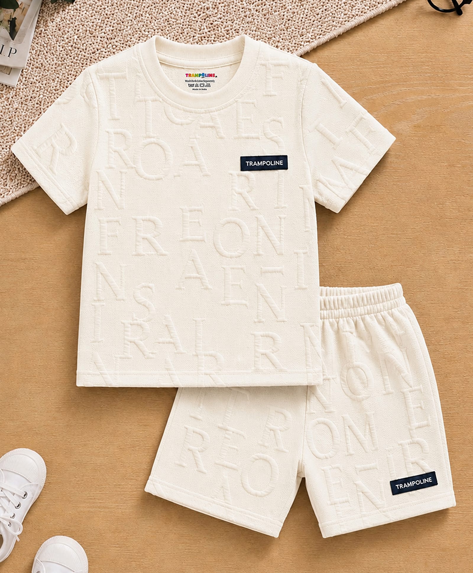 Trampoline Boys Jacquard Knit Half Sleeves Alphabets Embossed Coordinating Tee & Shorts Set - Cream-picture-39