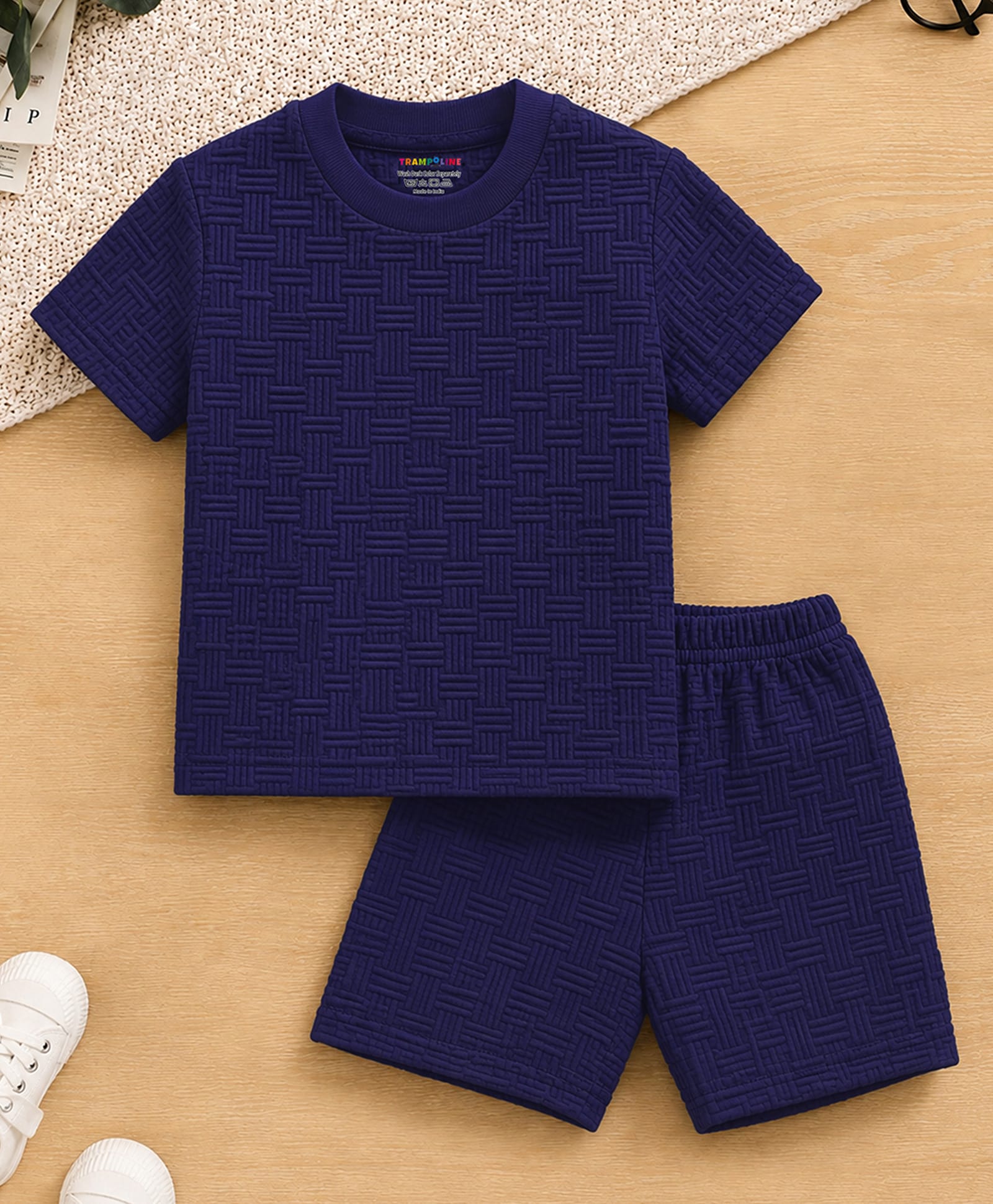 Trampoline Boys Jacquard Knit Half Sleeves Coordinating Geometric Textured Tee & Shorts Set - Navy Blue-picture-13