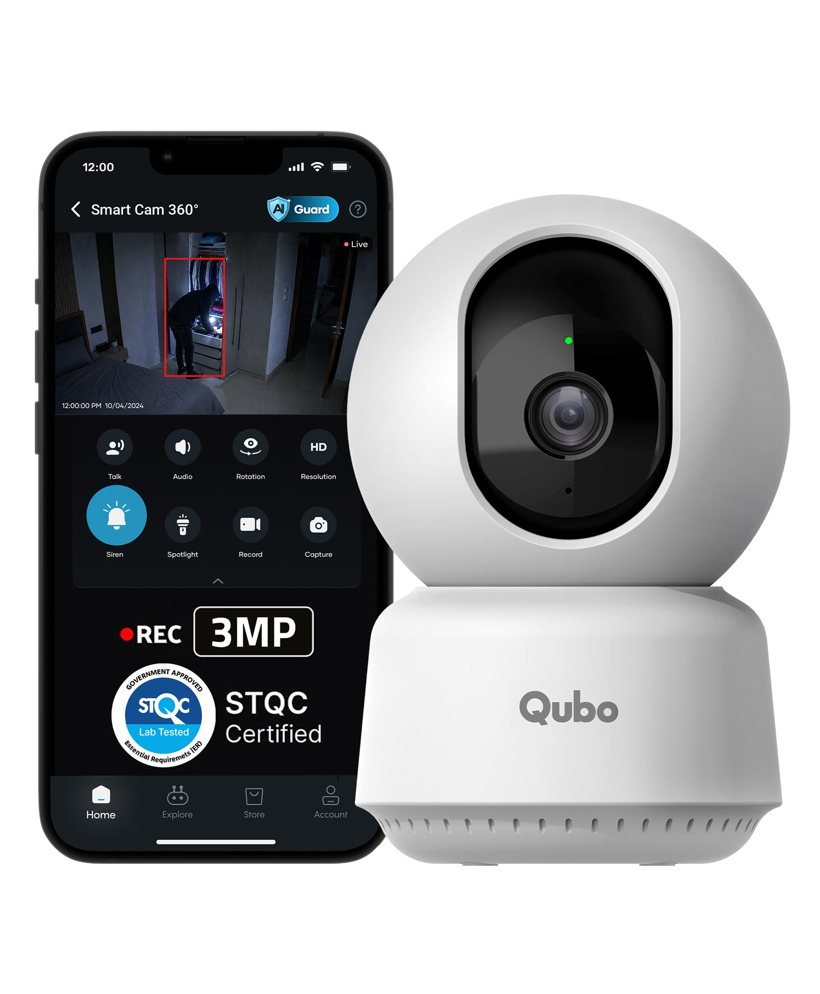 Qubo Smart Cam 360° 3MP [2026 Edition] by Hero Group | STQC Certified | AI Person Detection | Intruder Alarm | Color Night Vision | Two-Way Talk-picture-11