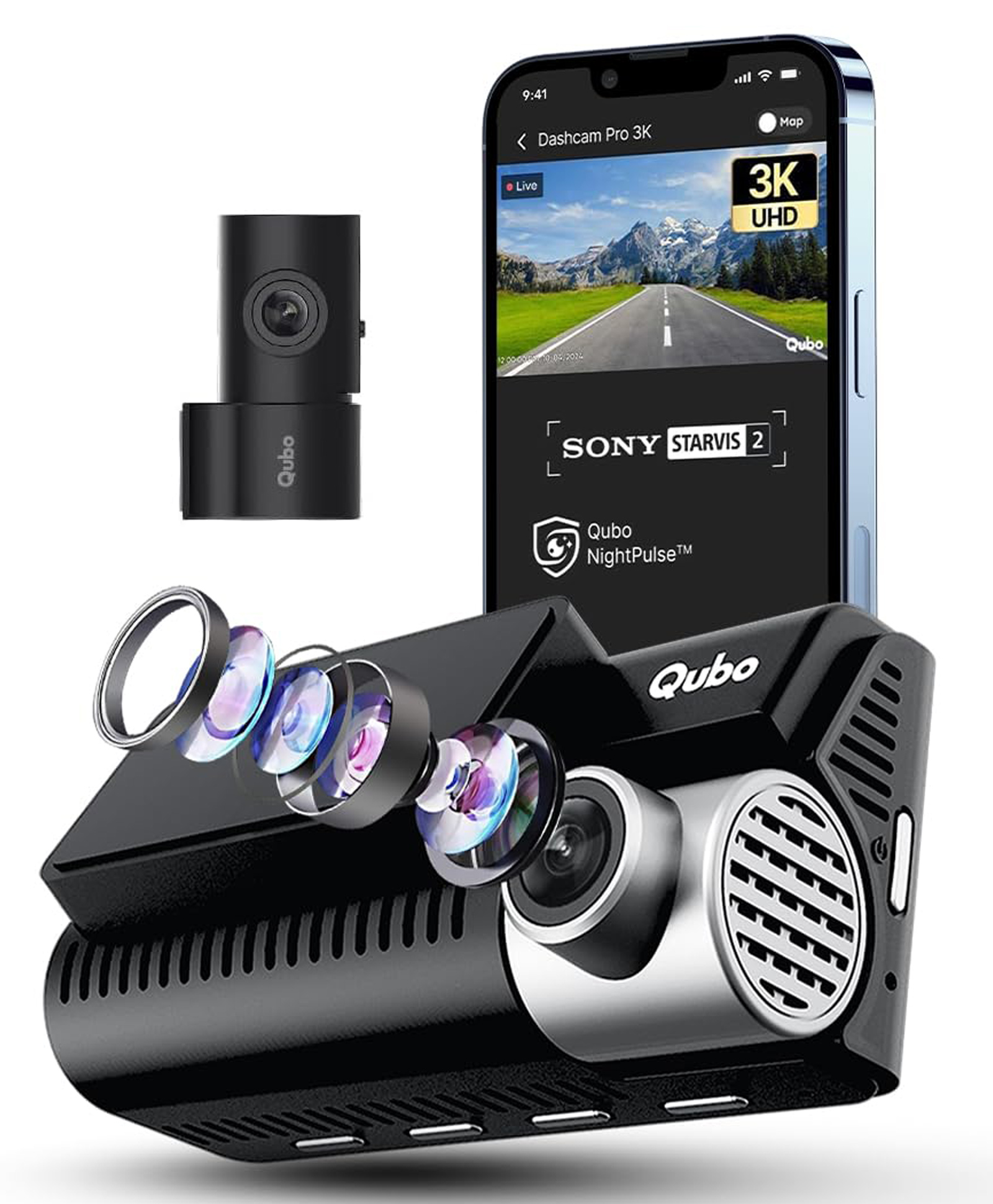 Qubo Car Dashcam Pro 3K [2026 Edition] Sony STARVIS 2 IMX675 Sensor| Dual Channel | Hero Group | NightPulse Vision | 5MP UHD Front Wide, 2MP FHD Rear | 3.2" LCD| Built-in GPS, Wi-Fi, Mic|1TB Storage-image-9