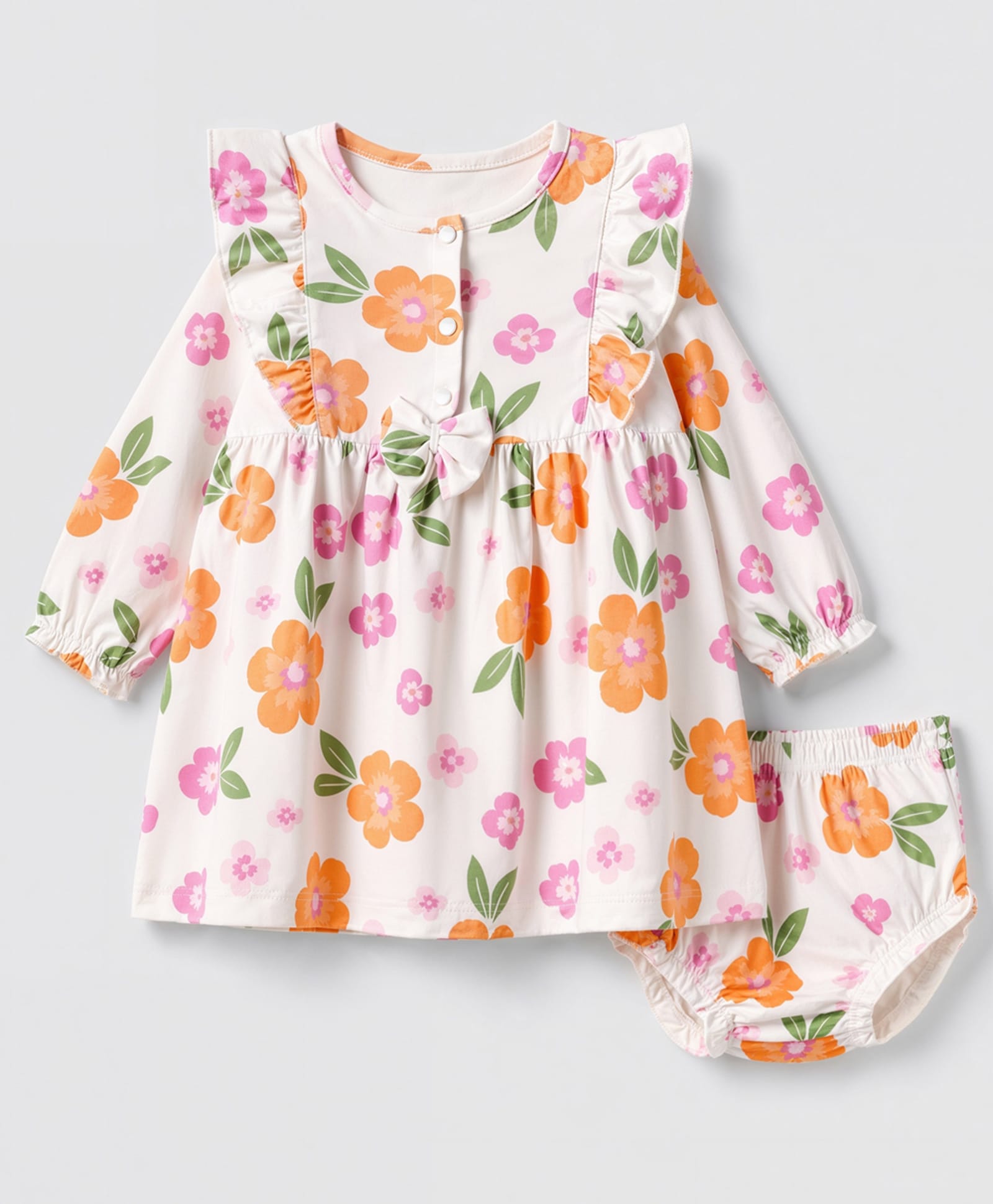 Babyoye Premium 100% Cotton Knit Full Sleeves Frock and Bloomer Set with Eco Jiva Finish & Floral Print - White-image-24
