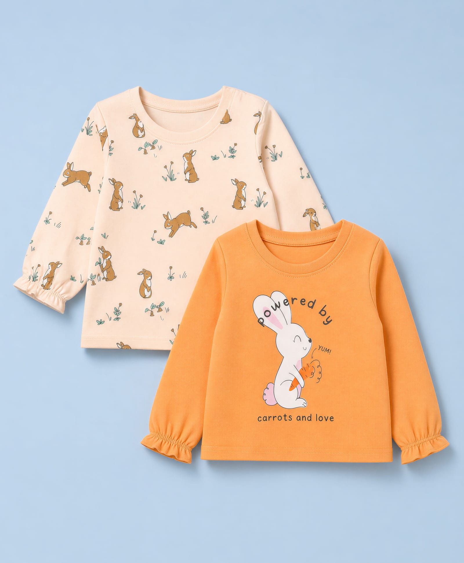 Doodle Poodle Single Jersey Knit Tops With Full Sleeves and Rabbit Print Pack of 2 - Rust Orange & Cream-image-25