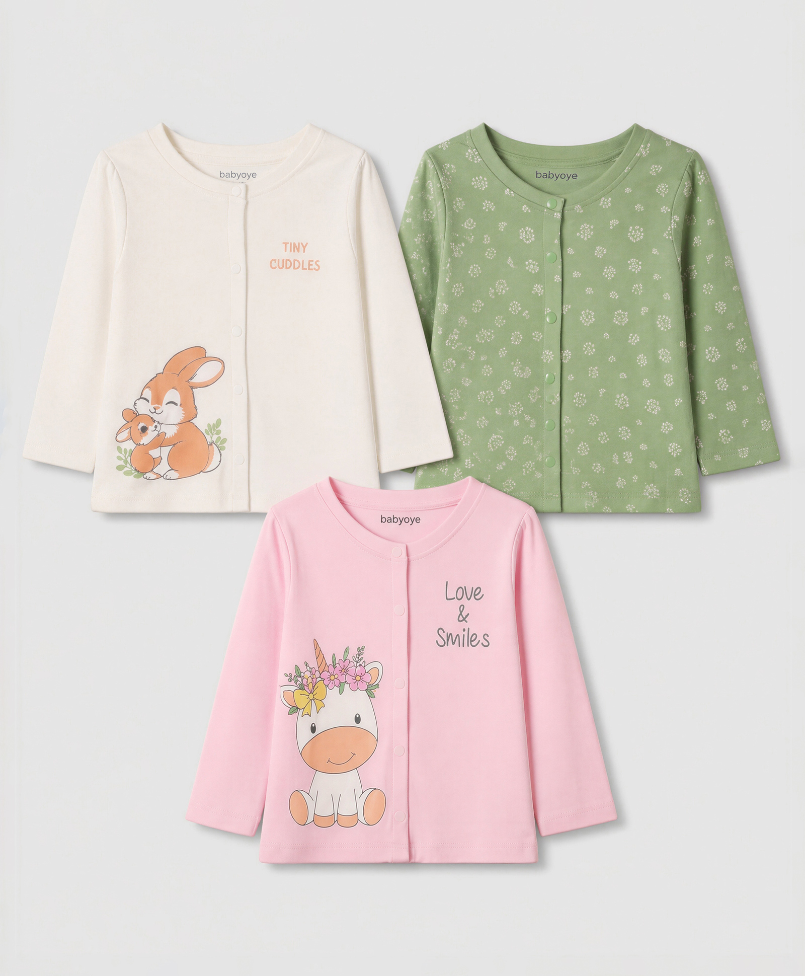 Babyoye Interlock Knit Full Sleeves Floral & Animal Printed Jhablas Pack of 3 - Pink Green & White-image-1
