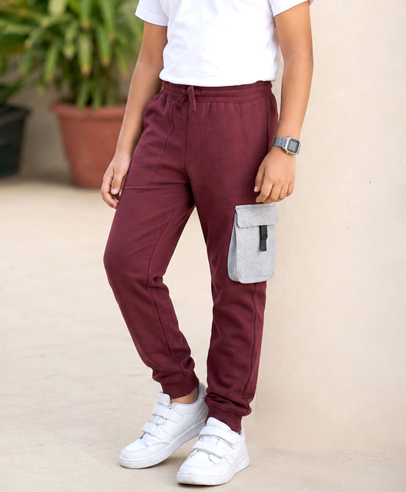 Kiddopanti Fleece Knit Solid Cargo Style Track Pants - Maroon & Grey Melange-picture-20