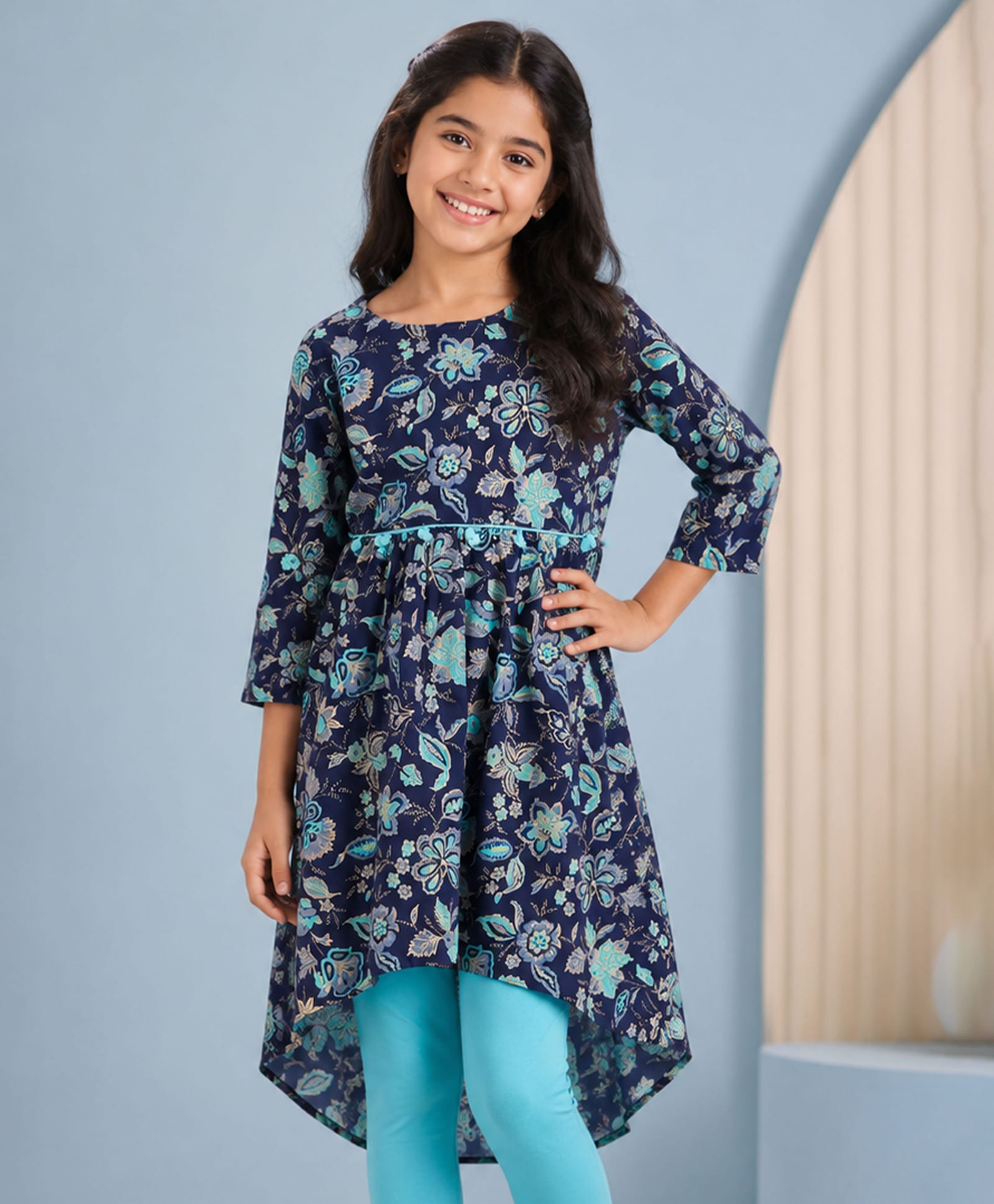 Kiddopanti Rayon Woven Three Fourth Sleeves Floral Printed Asymmetrical Kurti - Navy Blue-image-8