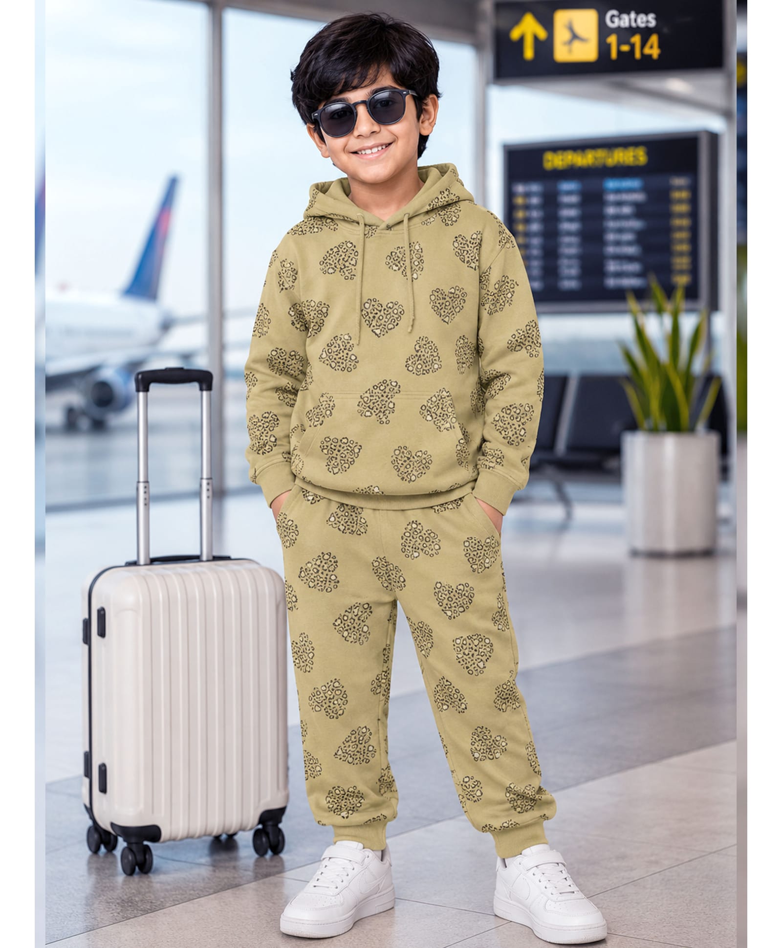 Kiddopanti Fleece Knit Full Sleeves Hearts Printed Coordinating Winter Hooded Sweatshirt & Joggers Set - Light Brown-picture-24