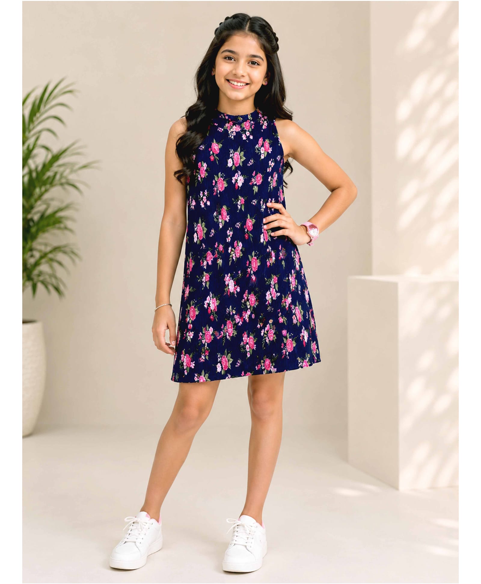Kiddopanti Knit Sleeveless Floral Printed Dress - Navy Blue-image-46
