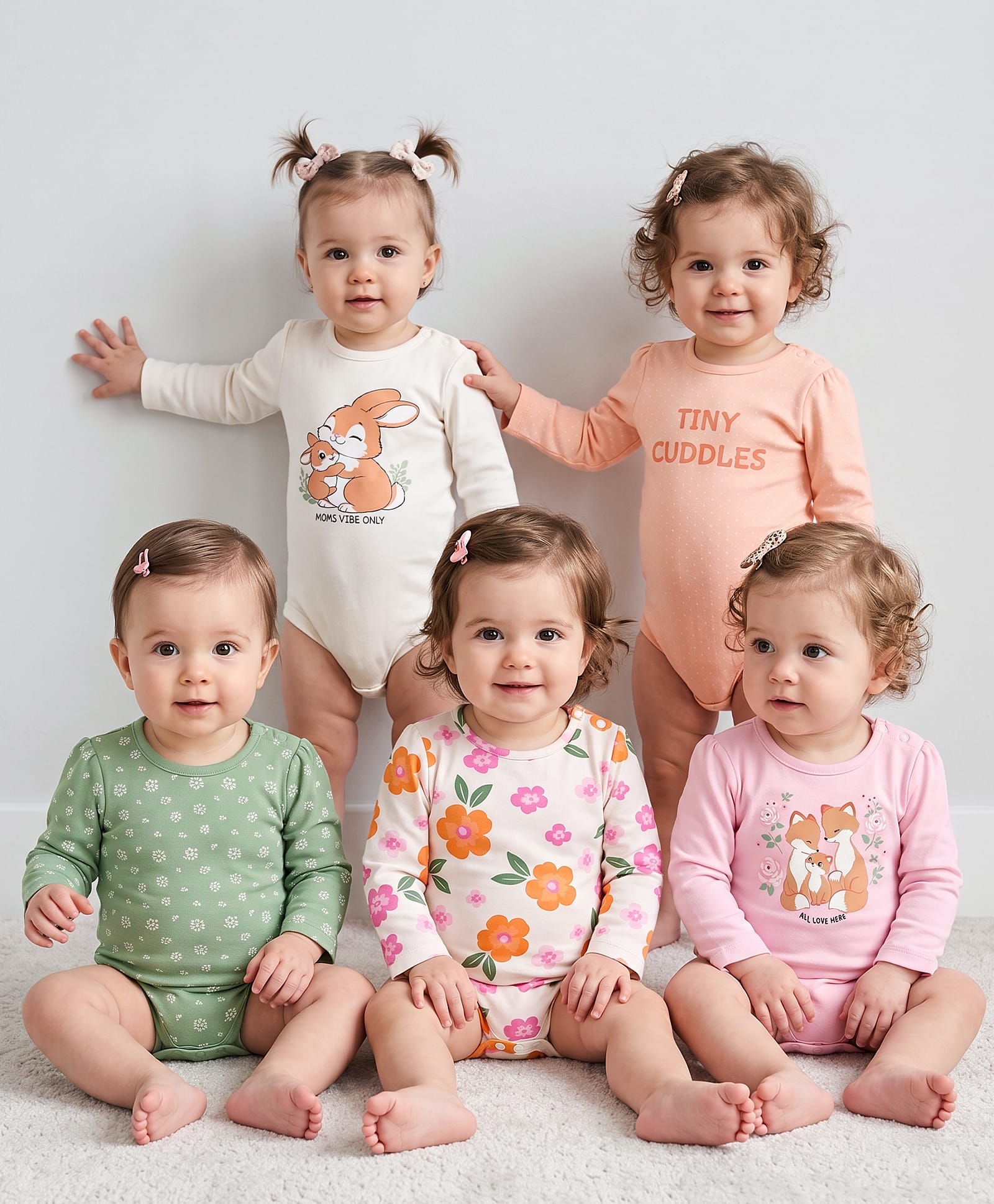 Babyoye Interlock Knit 100% Cotton with Eco Jiva Finish Full Sleeves Floral & Animal Printed Onesies Pack of 5 - Green, Peach, White & Pink-picture-26