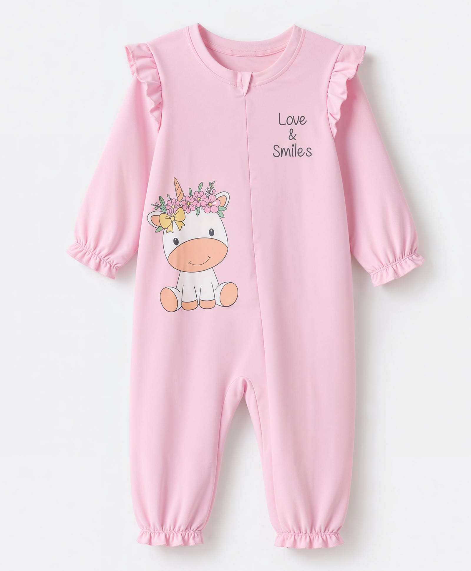 Babyoye Interlock Knit 100% Cotton with Eco Jiva Finish Full Sleeves Unicorn & Text Printed Rompers - Pink-image-6