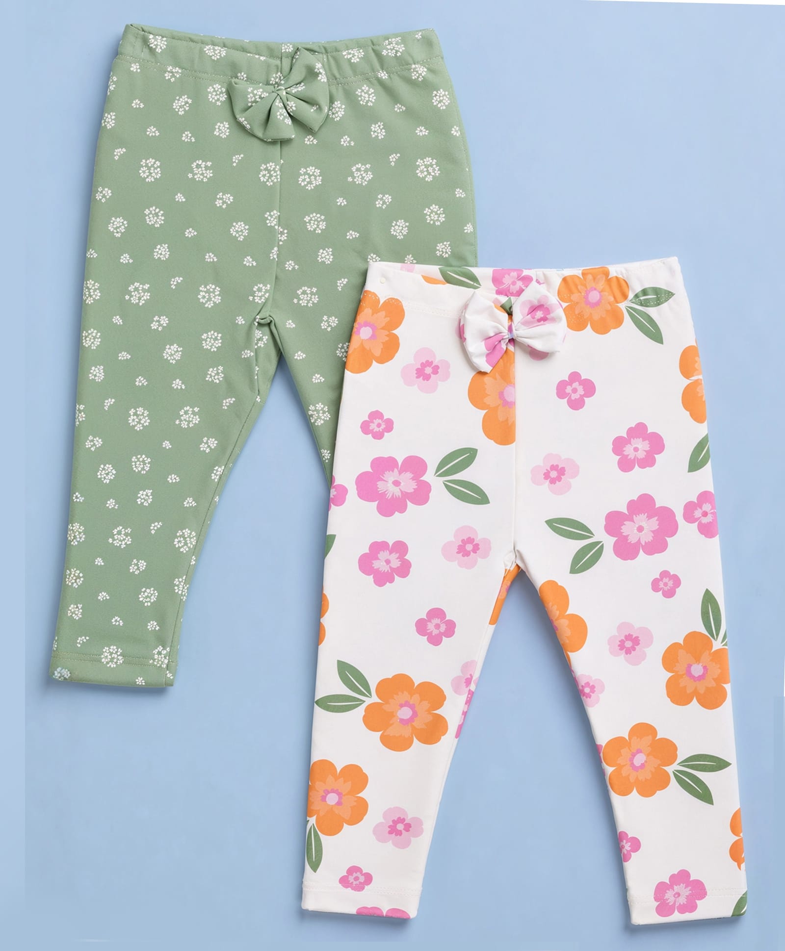 Babyoye Interlock 100% Cotton Knit With Eco Jiva Finish Full Length Leggings With Floral Print & Bow Applique Pack of 2 - Green & White-picture-13