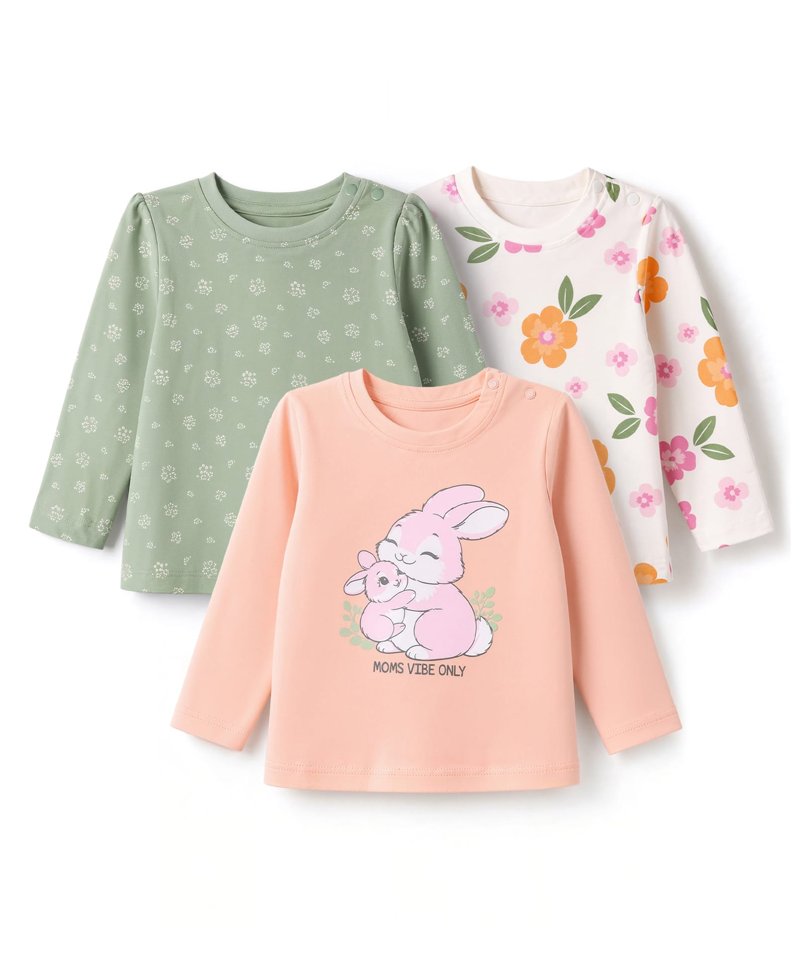 Babyoye 100% Cotton Interlock Knit Full Sleeves T-Shirts with Eco Jiva Finish and Floral and Bunny Print Pack of 3 - White Peach & Green-picture-21
