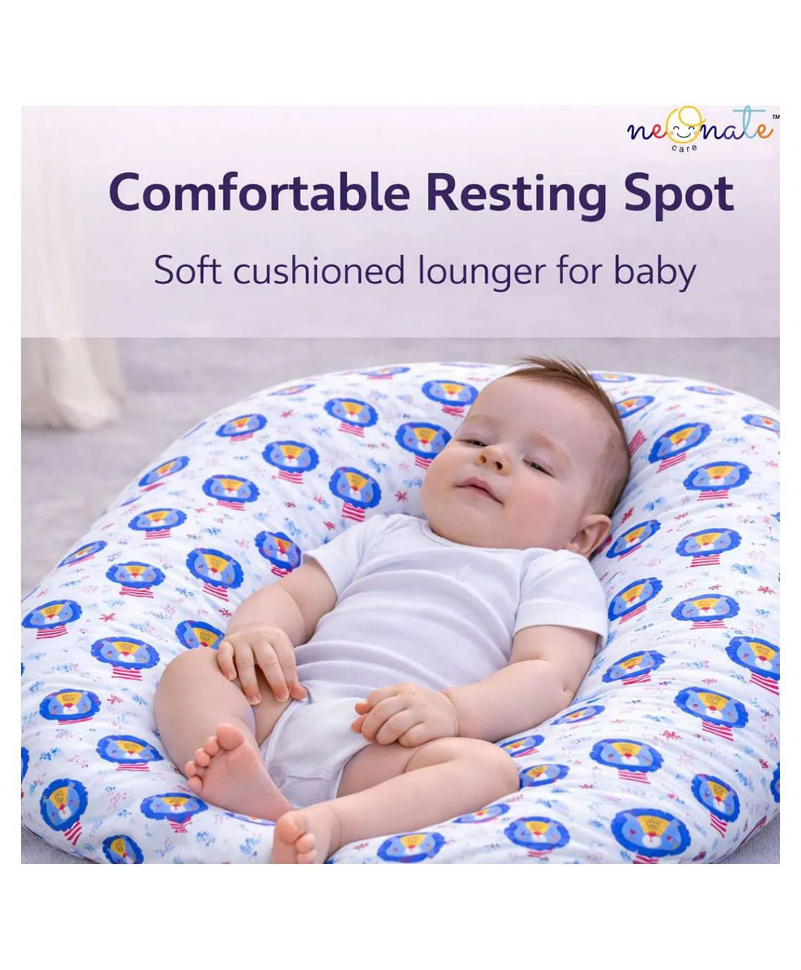 NeonateCare Portable White Baby Nest |Ultra-Soft Infant Lounger Cushion and Travel Friendly Sleeping Bed - Blue and red lion lounger-image-37