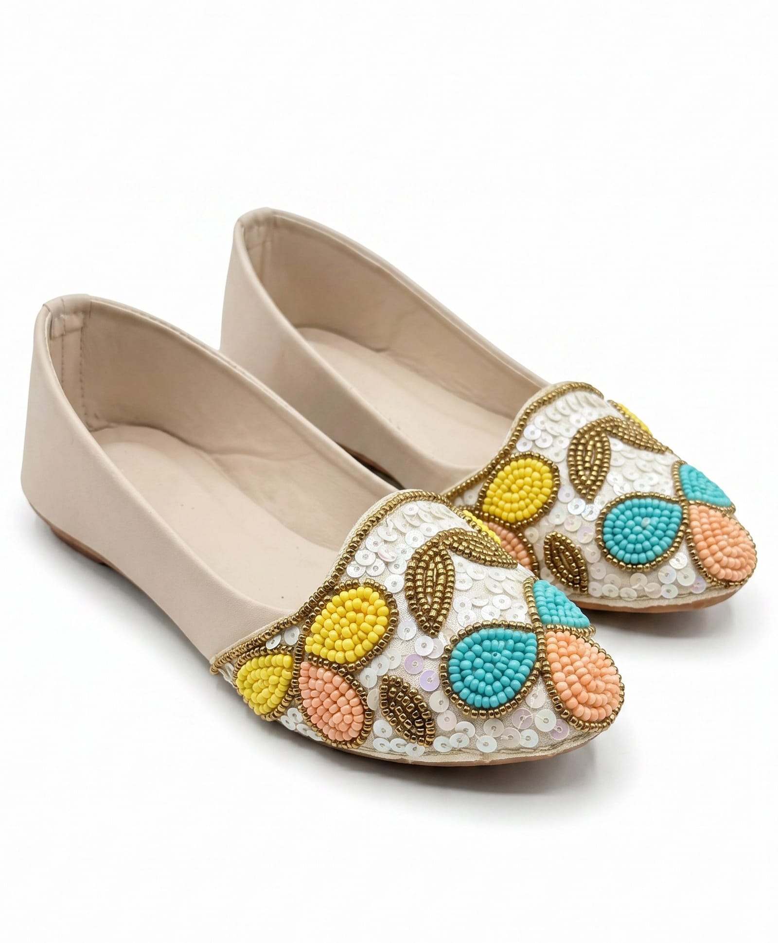 Lil Lollipop Beads & Sequins Embellished Floral Designed Mojaris - Cream-picture-21