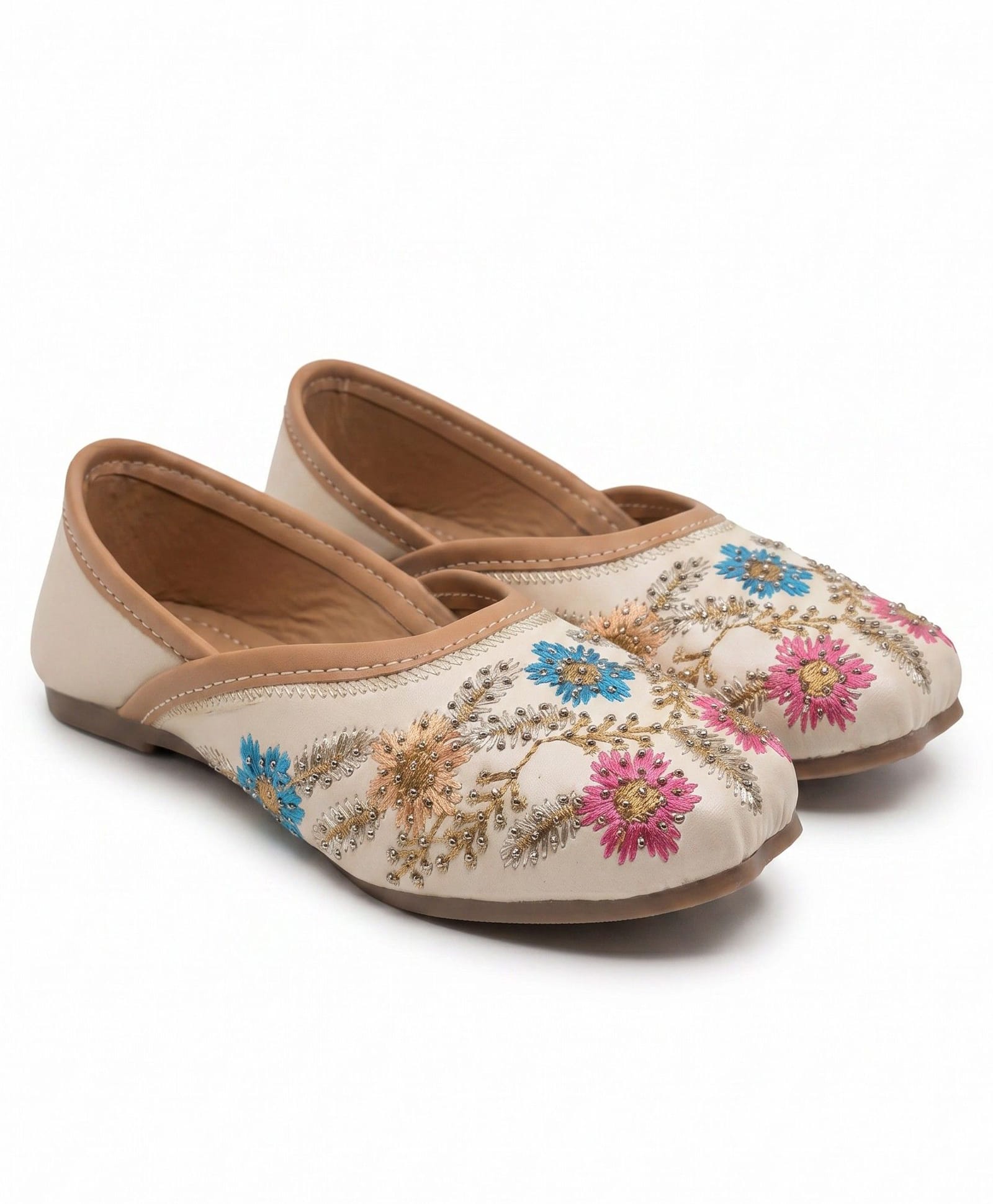 Lil Lollipop Stones Embellished Threadwork Detailed Mojaris - Cream-image-37