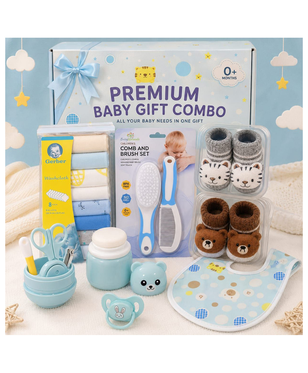 Sparkle Joy Premium Baby Gift Combo Set for Newborn | Grooming Kit, Washcloths, Bib, Soft Booties & Baby Care Essentials | 0+ Months | Blue